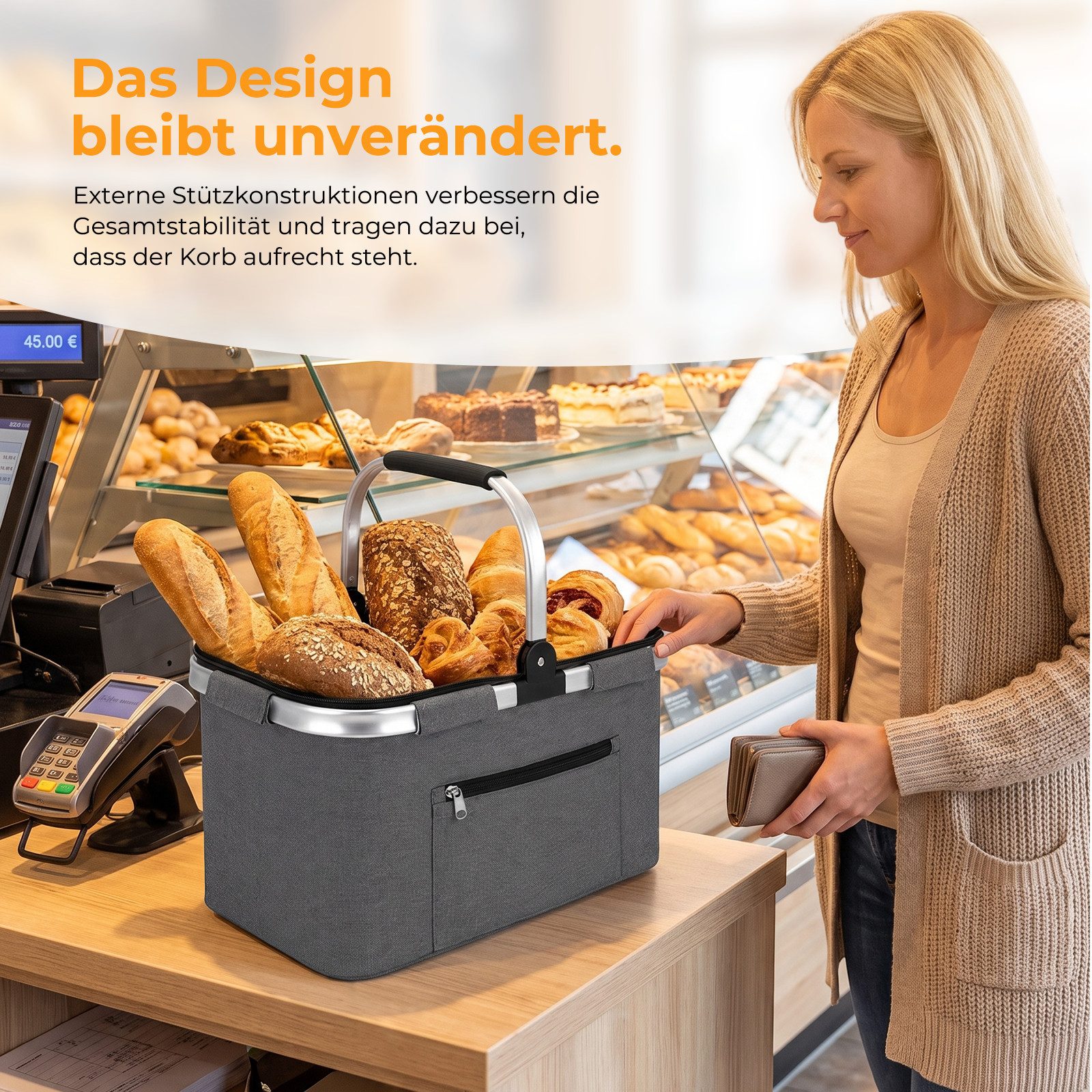 AKKEE Einkaufskorb Großer Picknickkorb mit gepolsterten Griffen Praktischer, Faltbarer Korb Einkaufstasche mit Aluminiumrahmen – Bild 3 von 5