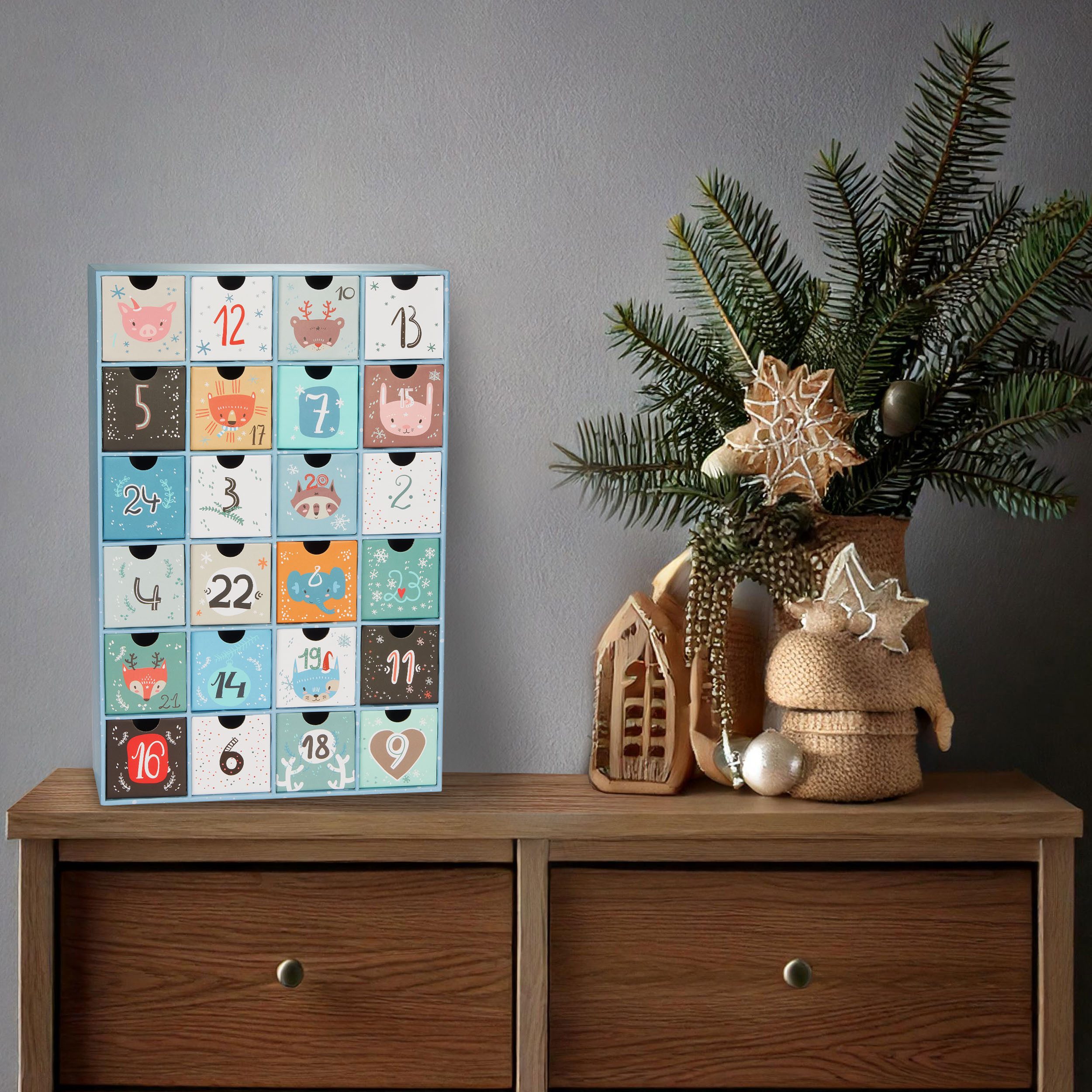 BRUBAKER befüllbarer Adventskalender Adventskalender zum Befüllen Weihnachtstiere Blau (24 Türchen, 1-tlg), DIY Weihnachtskalender - Kalender Weihnachten 39 cm  – Bild 4 von 5