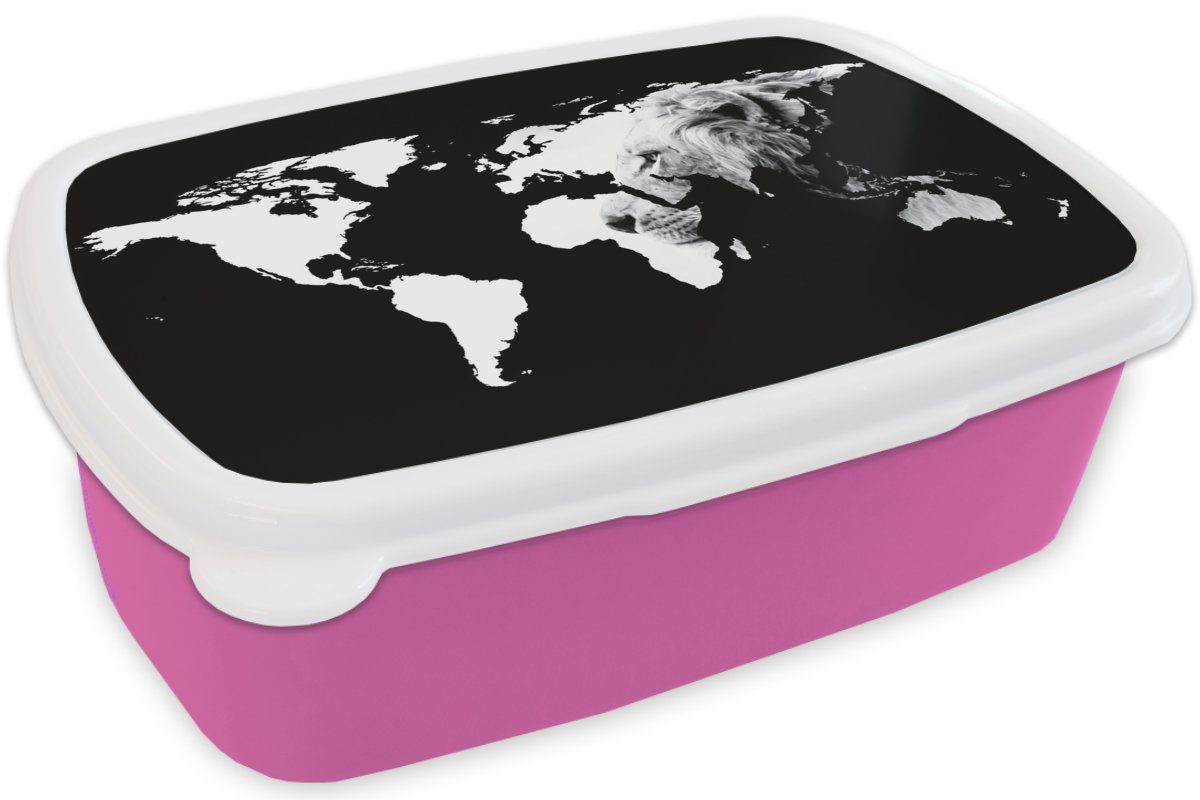 MuchoWow Lunchbox Weltkarte - Schwarz Brotdose (2-tlg), Kinder, Snackbox, - Erwachsene, Mädchen, Löwe, Brotbox rosa Kunststoff, Kunststoff Weiß für 