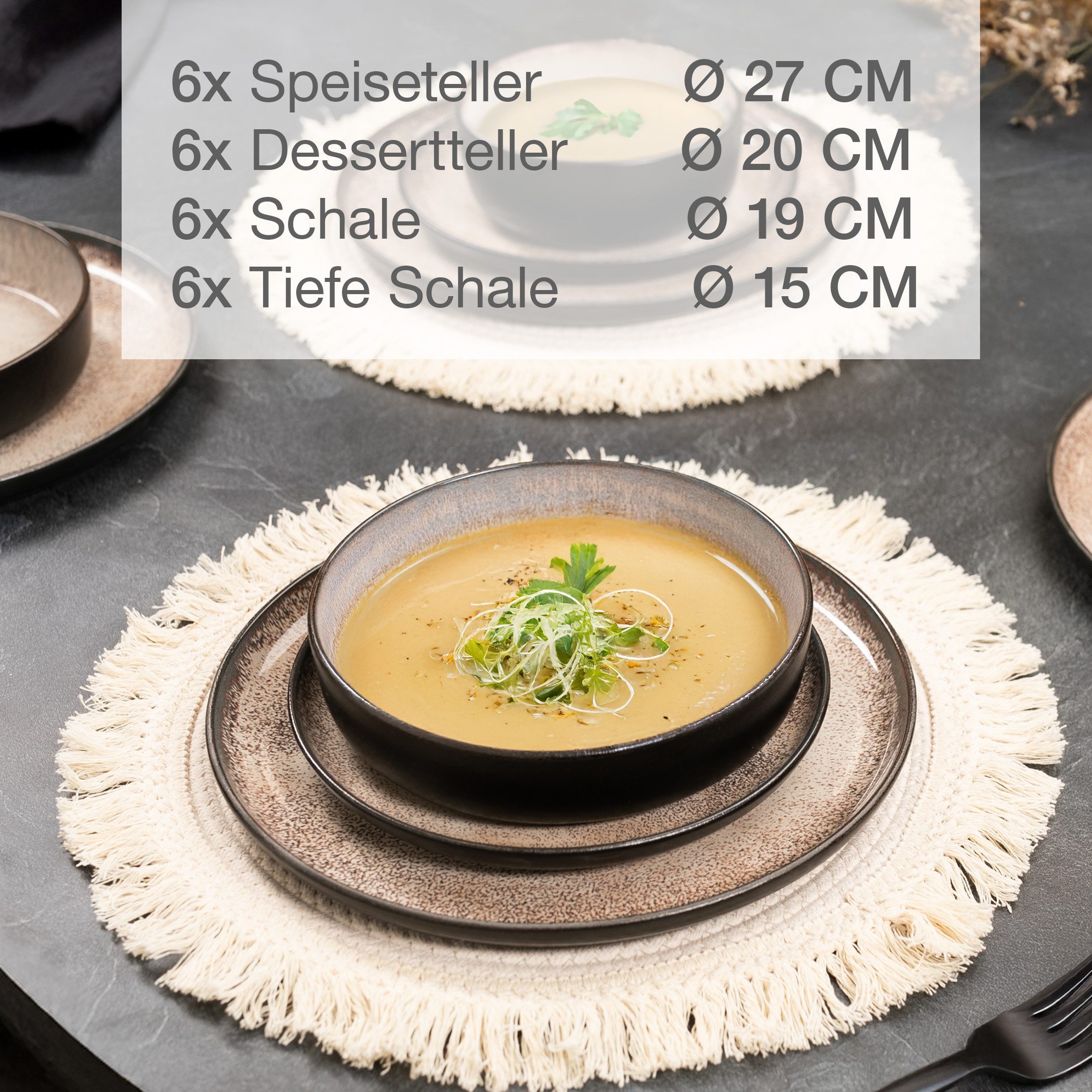 Moritz & Moritz Tafelservice VIDA Geschirrset mit Müslibowls Beige (24-tlg), 6 Personen, Porzellan, Kombigeschirr für 6 Personen