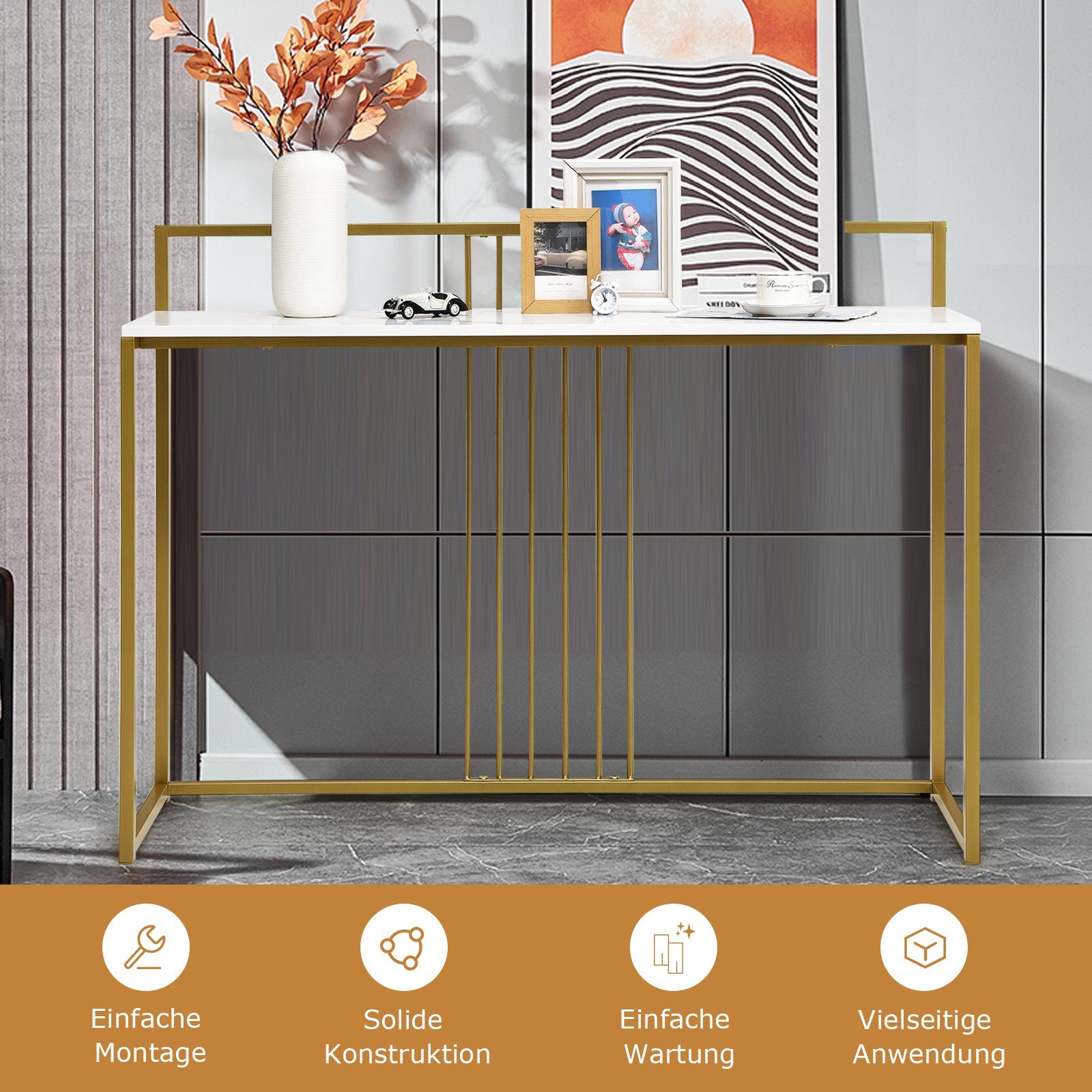 COSTWAY Konsolentisch, schmal Marmor, Metallgestell, gold, Flurtisch 120cm