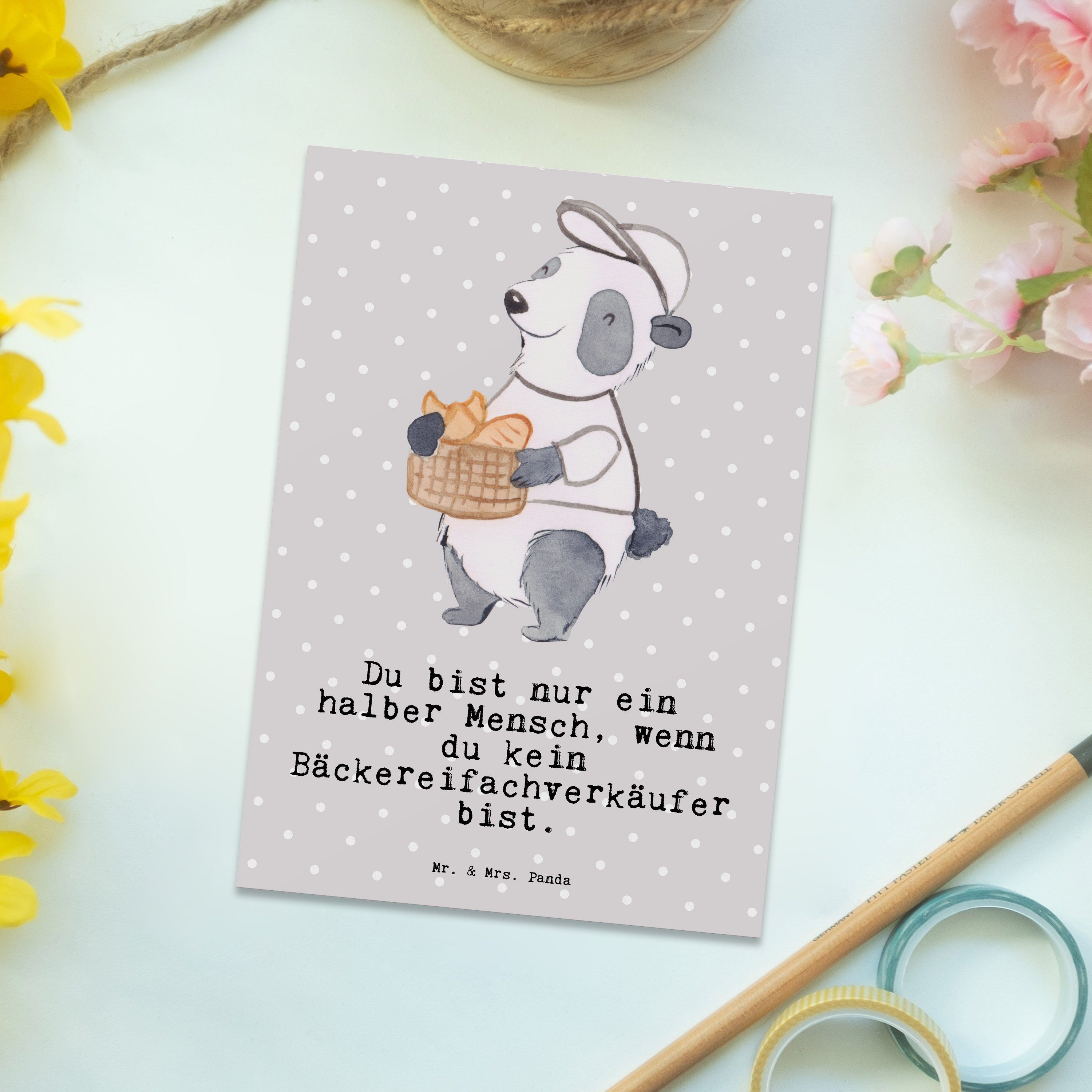 Mr. & Mrs. Panda Postkarte Geschenk, Pastell - Herz Karte, - Bäckereifachverkäufer Grau Gesc mit