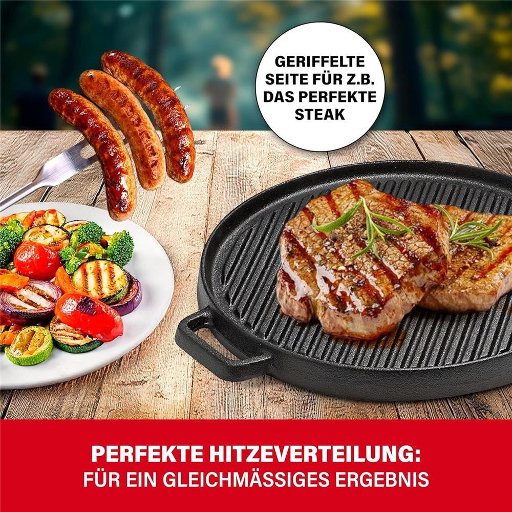 BBQ Boss Grillplatte Runde Grill Gussplatte 2 in 1 Gusseisern Ø 29,5cm, 2-in-1 Wendeplatte mit geriffelter und glatter Seite