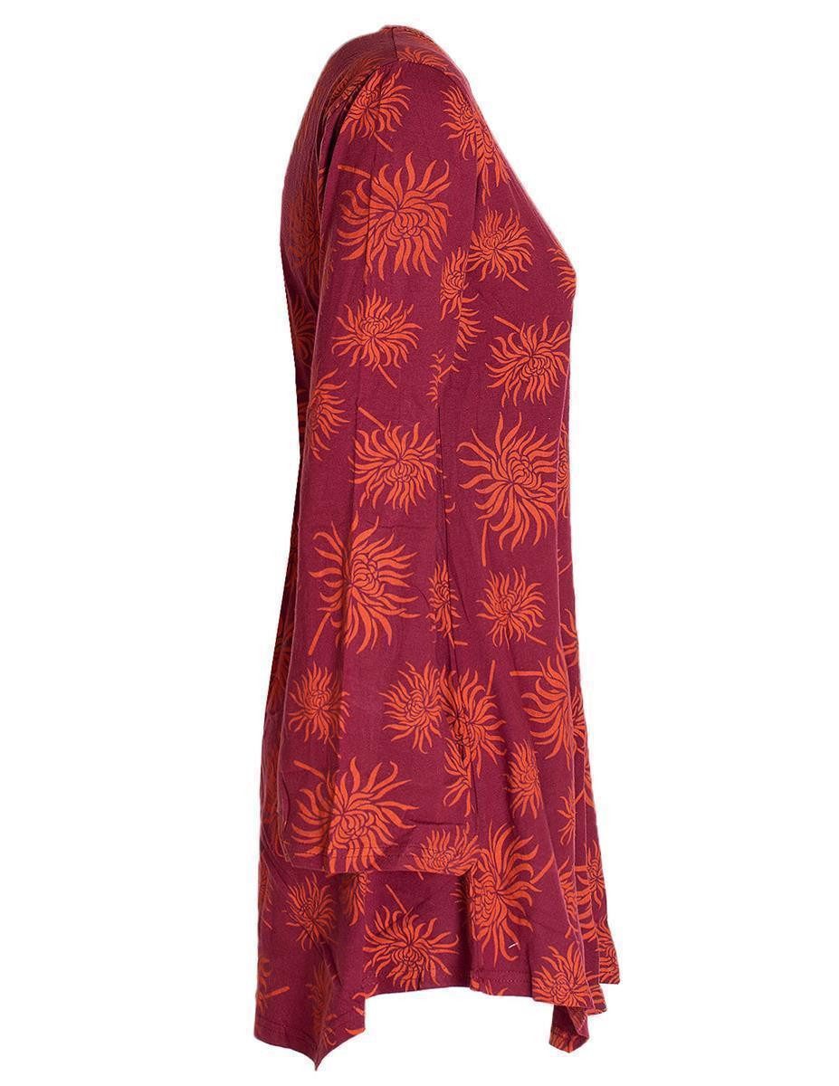 Vishes Tunikakleid Langarm Damen Blumen-Tunika Shirt-Kleid Glockenärmel Baumwolle Hippie, Boho, Goa Style