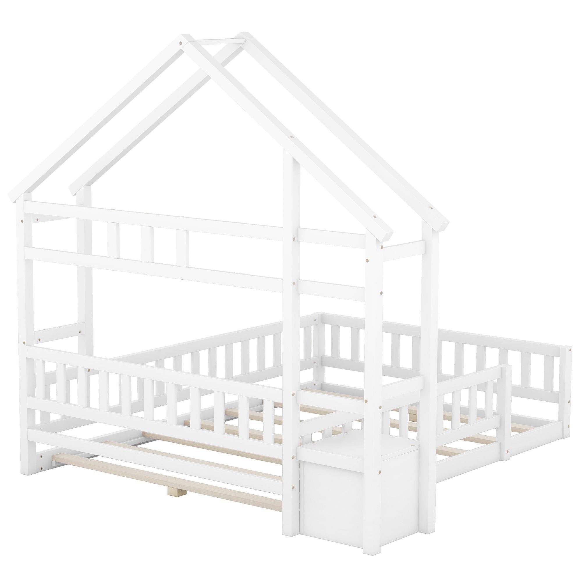 Merax Holzbett, mit Weiß Hausbett Kinderbett cm, und Rausfallschutz, 140x200 Nachttisch