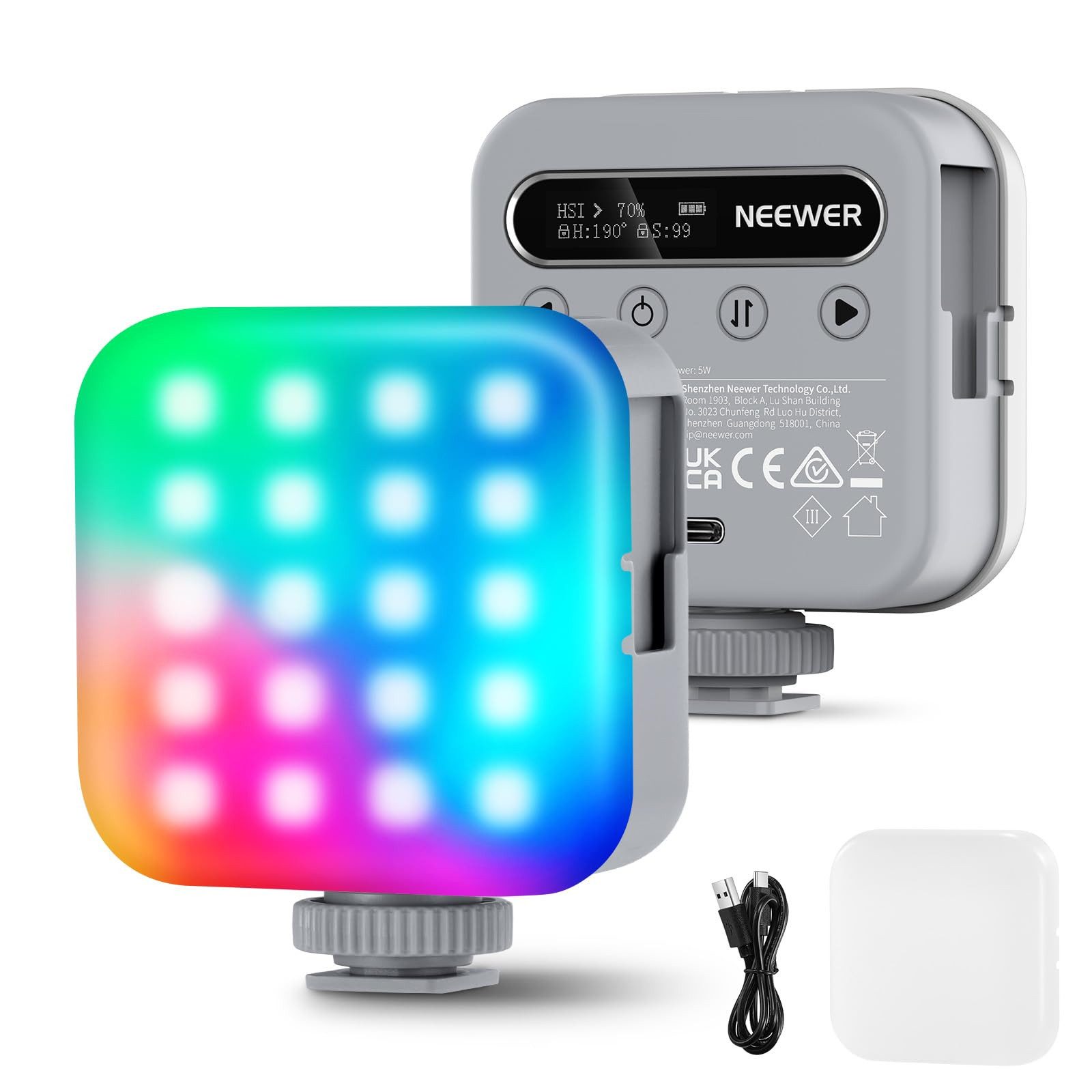 Neewer Videoleuchte BL60C Magnetische RGB Videoleuchte CRI96+, 2500-9000K, 2000mAh, 360° Vollfarb, 3 Cold Shoes, 1/4", für Selfie/Stativ Fotobeleuchtung
