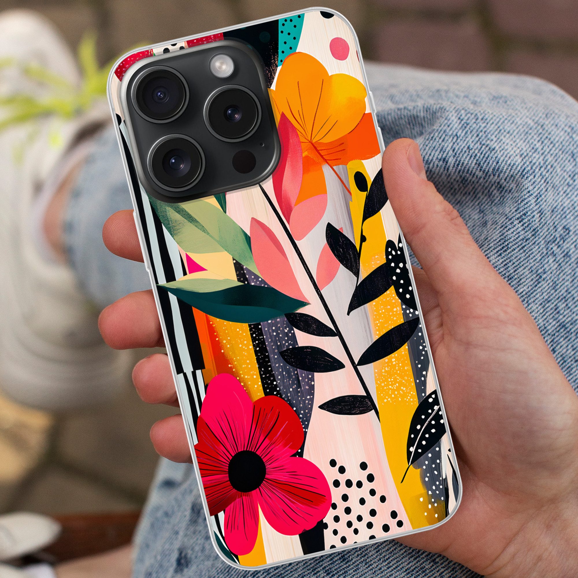 MuchoWow Handyhülle für Apple iPhone 15 Pro Blumen - Blätter - Abstrakt - Farbenfroh, Smartphone-Bumper, Print, Handy Schutzhülle Dünn