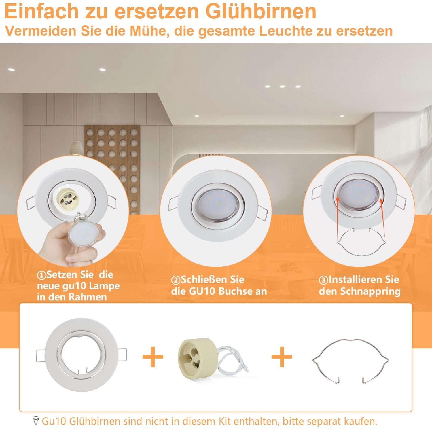 ZMH Einbauleuchte Spot 6er ohne Fassungen GU10 LED 30° weiß Leuchtmittel mit Halogen