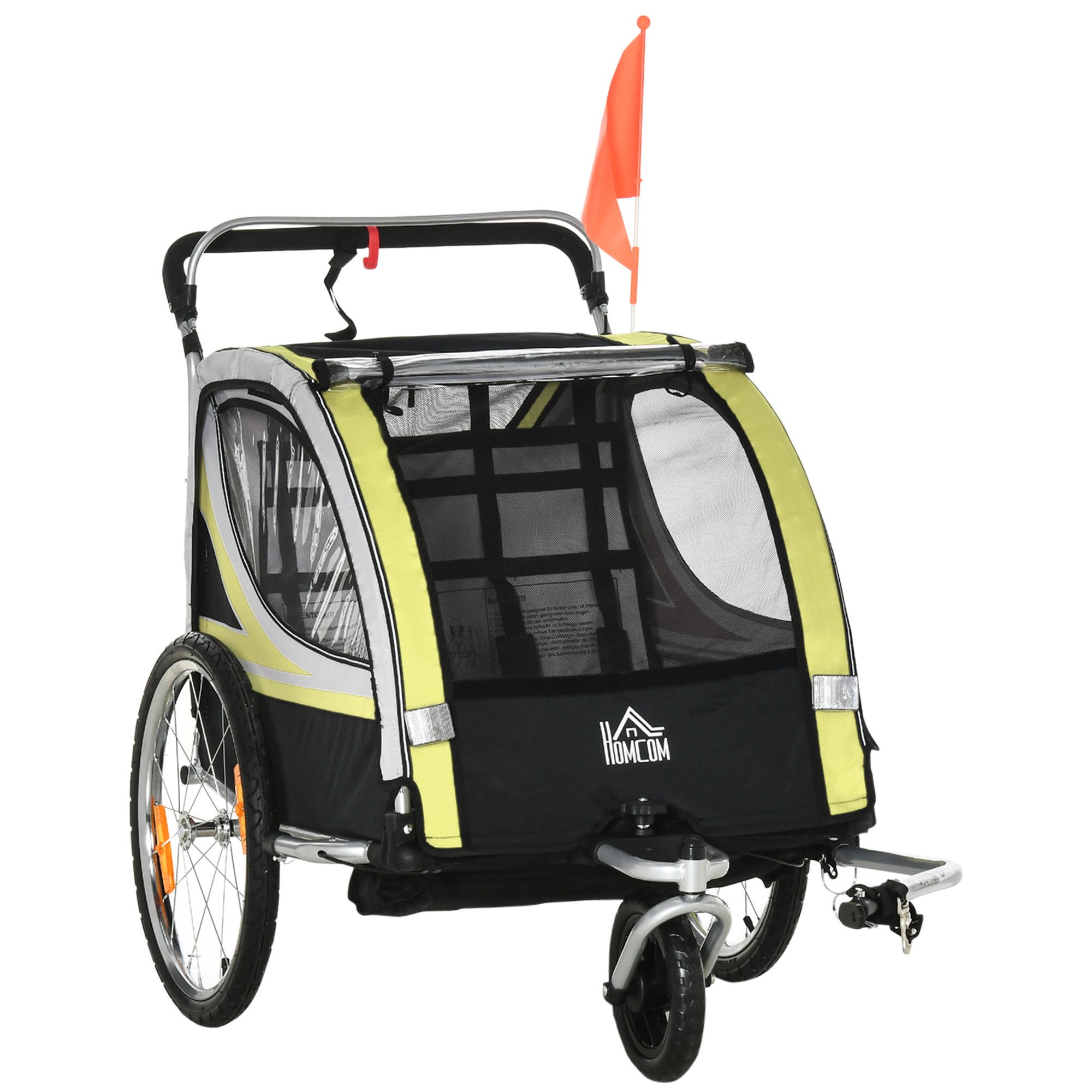 HOMCOM Fahrradkinderanhänger Kinderanhänger, Fahrradanhänger, für 2 Kinder, gelb, für Garten, Balkon, Gelb+Schwarz