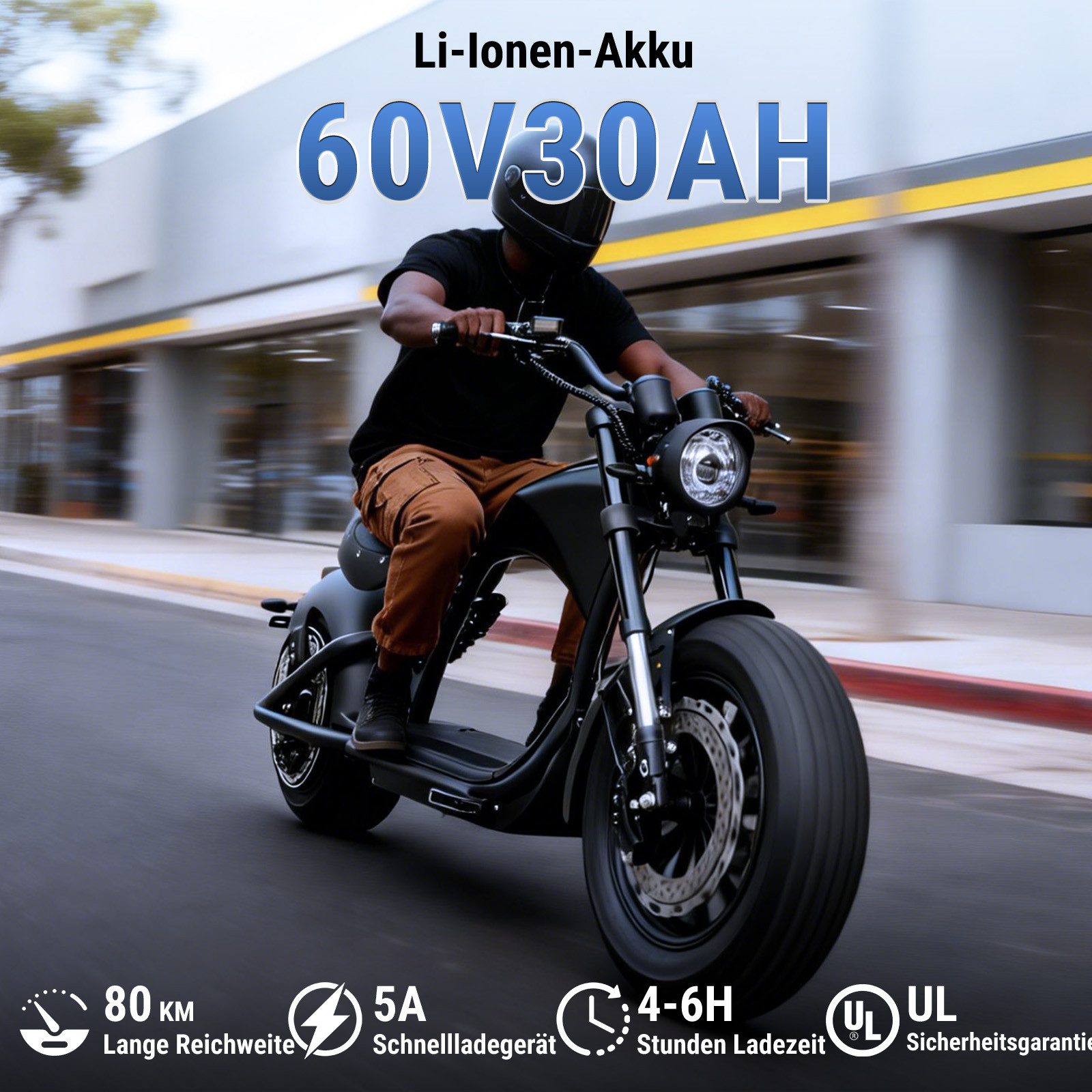 Vankel E-Motorroller M1P E-Chopper 2000W, 1800Wh, 80km Reichweite, Retro-Elektro-Scooter, 2000 W, 45 km/h, Straßenzugelassener E-Chopper für Stadt & Freizeit, & 200kg Zuladung