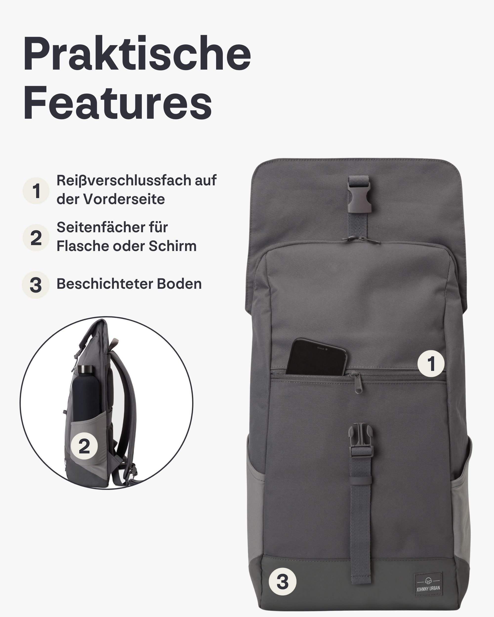 Johnny Urban Cityrucksack MIKA, Rolltop Damen Herren, Laptop Fach (1-tlg), Flexible Größe, Gepolstertes Laptopfach, Wasserabweisend