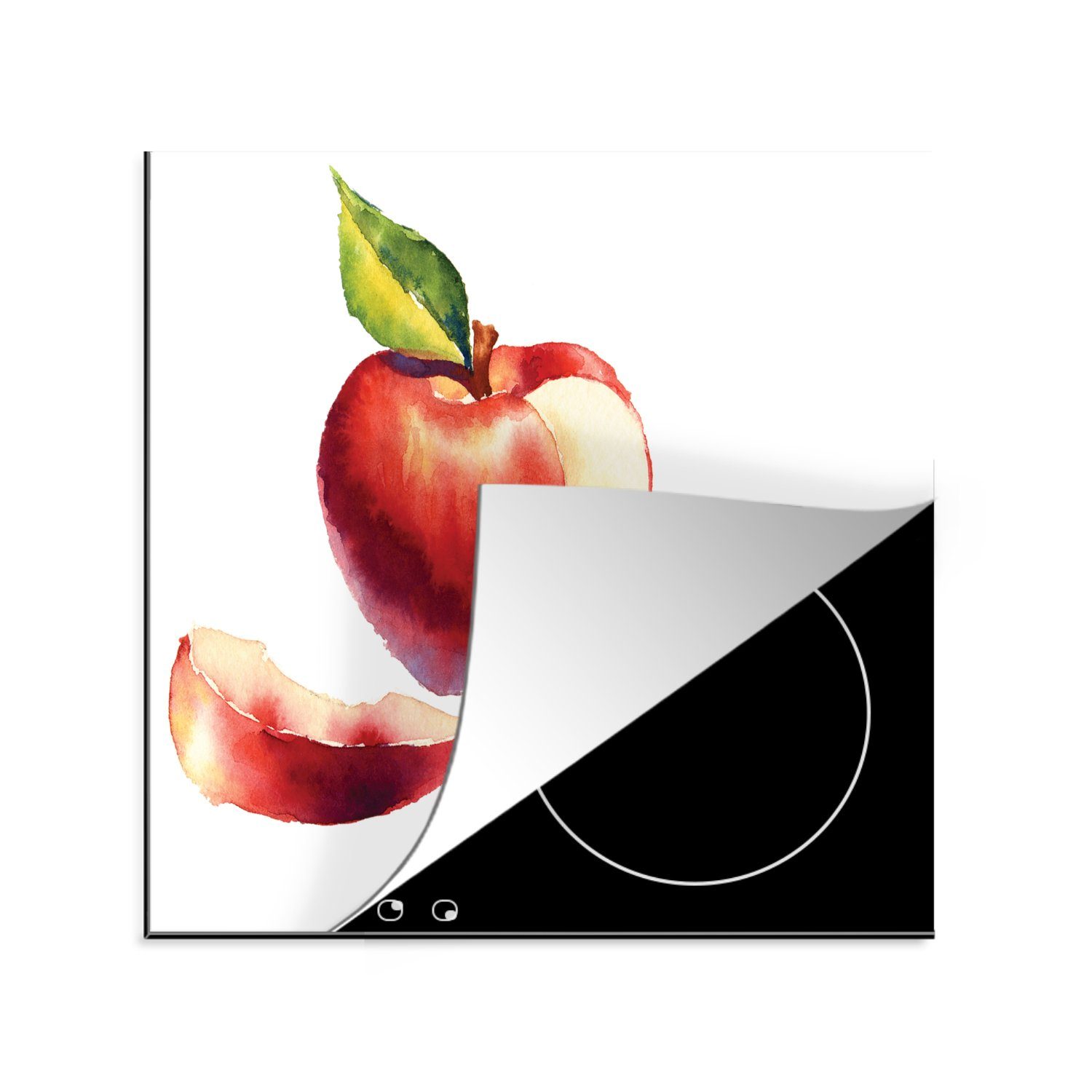 MuchoWow Herdblende-/Abdeckplatte Aquarell - Apfel - Rot, Vinyl, (1 tlg), 78x78 cm, Ceranfeldabdeckung, Arbeitsplatte für küche | Herdabdeckplatten
