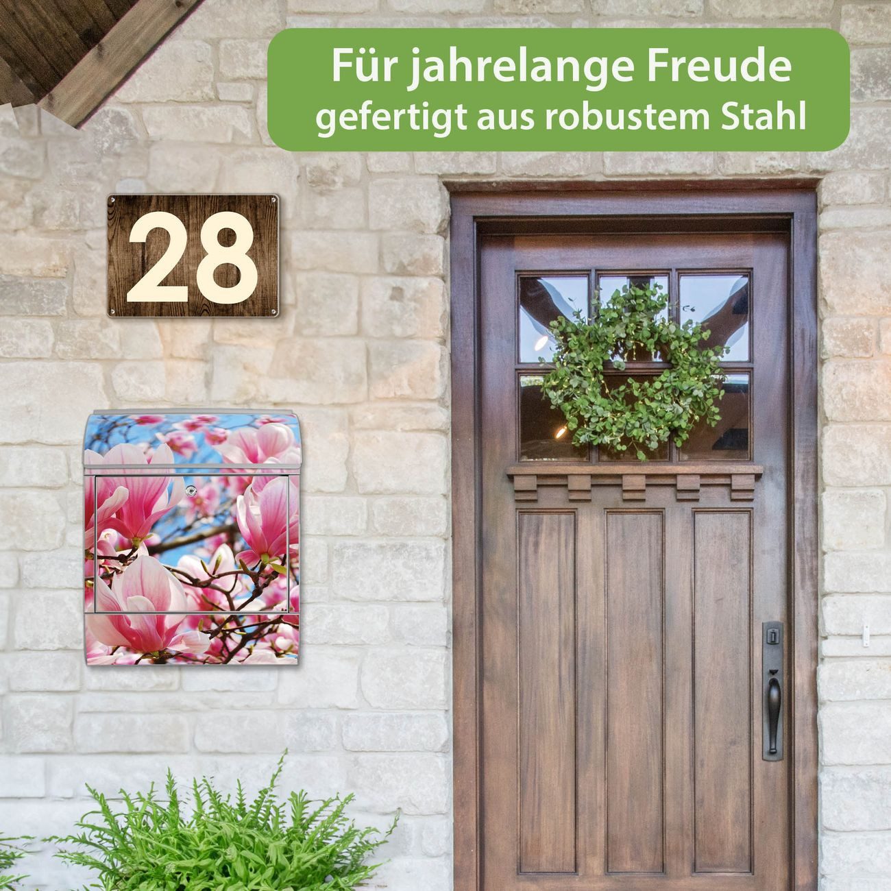 banjado Wandbriefkasten Silber Stahl mit Motiv Magnolienbaum (Wandbriefkasten witterungsbeständig, pulverbeschichtet, mit Zeitungsfach), 47 x 39 x 14 cm