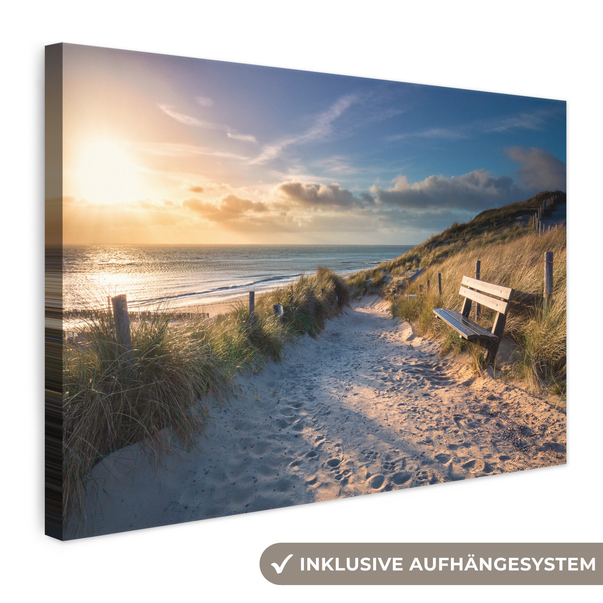 OneMillionCanvasses® Leinwandbild Sonnenuntergang - Strand - Düne - Gras - Bank, Fotodruck (1 St), Leinwand Bilder Klein, Wand Dekoration Aesthetic 30x20 cm