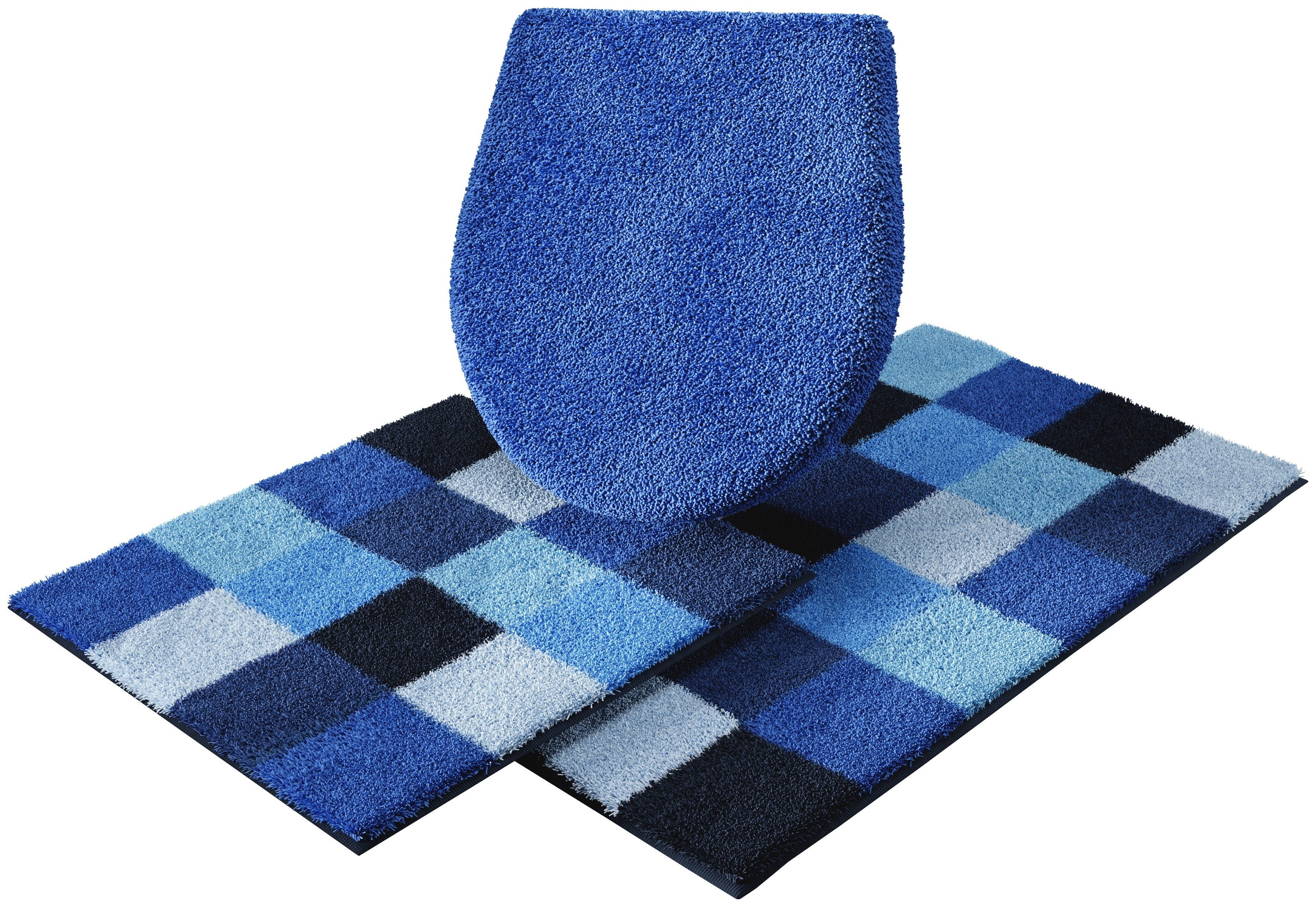 Grund Badematte Mosaik, Badvorleger, Badezimmer Teppich, sehr weich, Höhe 20 mm, rutschhemmend beschichtet, fußbodenheizungsgeeignet, Kunstfaser, rechteckig, 3-tlg. Hänge-WC Set, angenehm weich, auch als 3 teiliges Set erhältlich, Made in Europe
