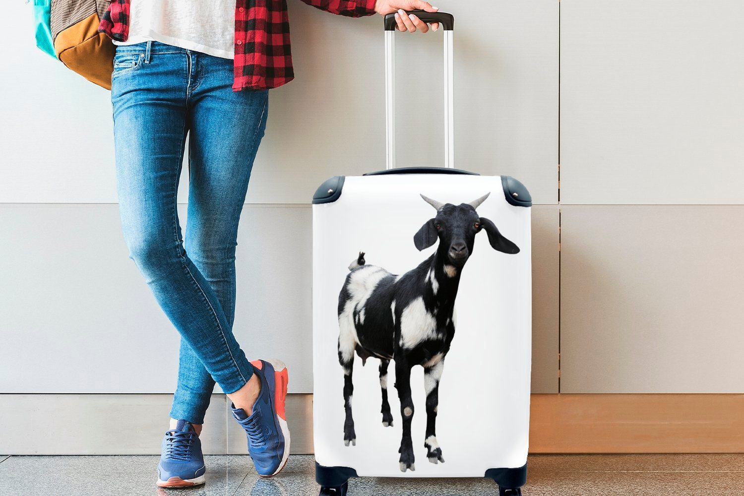 MuchoWow Handgepäckkoffer einem Ferien, Hintergrund, Handgepäck weiße weißen 4 Reisetasche Schwarze Ziege auf mit und Rollen, für Reisekoffer rollen, Trolley,
