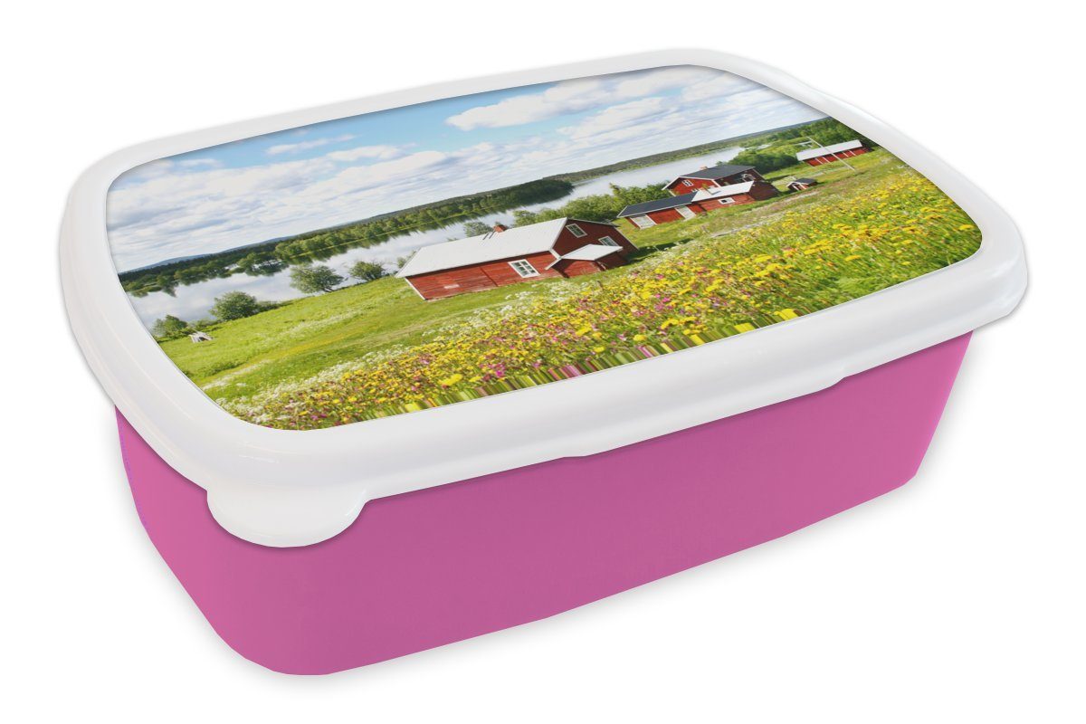 norwegische Lappland, Kunststoff Sommertag Häuser Lunchbox Kunststoff, Snackbox, (2-tlg), Mädchen, rosa Brotbox an MuchoWow Brotdose Typische Kinder, für Erwachsene, in einem