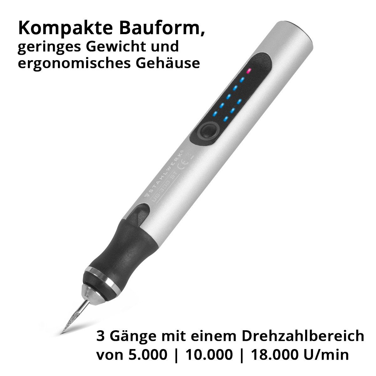STAHLWERK Fräse USB-Gravierstift UG-300 ST mit 8 W Akku-Gravierer, (Packung, 4-tlg), bis zu 18.000 U/min für präzise Graveurarbeiten