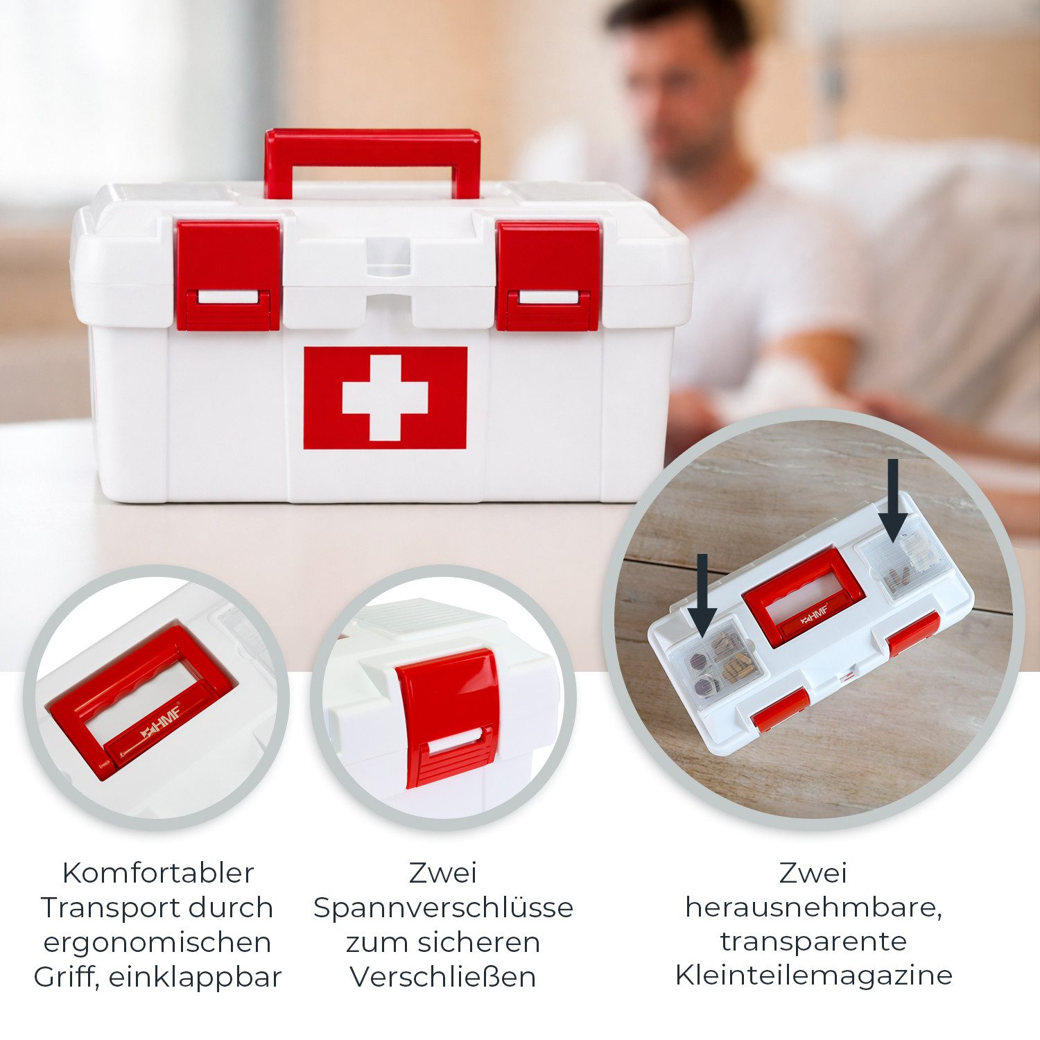 HMF Erste-Hilfe-Koffer Erste Hilfe Kasten zur Medikamenten Aufbewahrung, Medizinbox, leer für Sportverein, Betrieb oder Zuhause, 37 x 20 x 18,5 cm Weiß-Rot – Bild 4 von 5