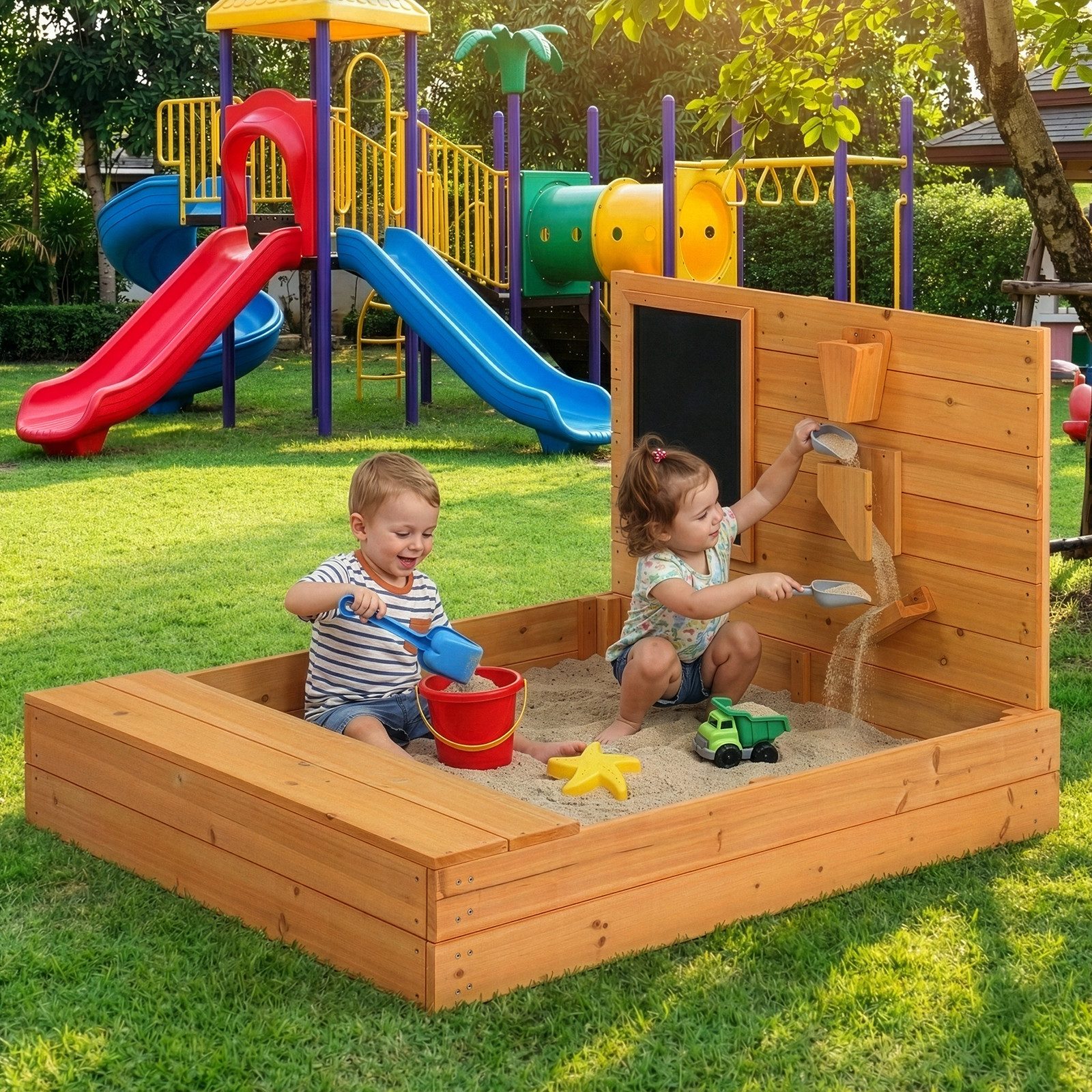LALAHO Sandkasten mit Tafel & Rutschentrichtern – Holzspielsandkasten, Stauraum und Sitzbank,119x101x76cm,für Kinder im Garten