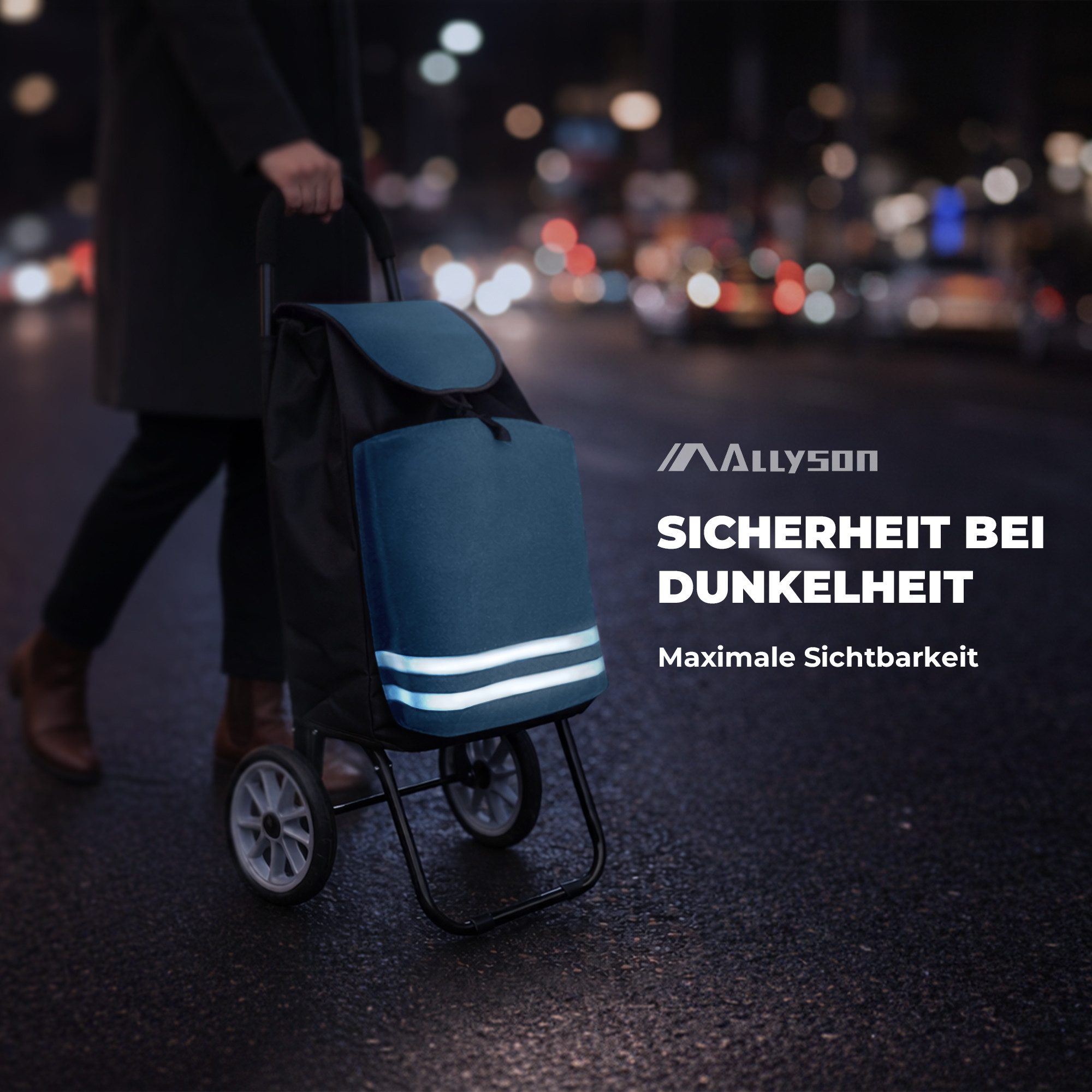 Allyson Einkaufstrolley Klappbarer Shopping Trolley & Einkaufswagen Treppensteiger, 45 l, 45L Volumen, Kühlfach, Reflektoren, Farbe: Blau, Aluminium-Gestell
