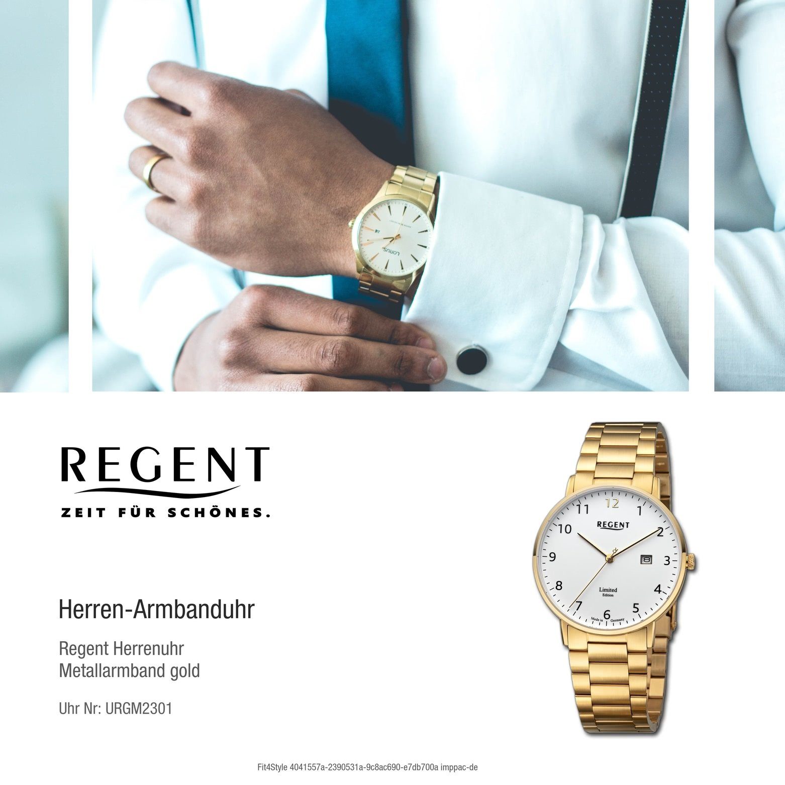 Regent groß (ca. Analog, Armbanduhr Armbanduhr rund, Regent Herren 39mm), extra Metallarmband Quarzuhr Herren