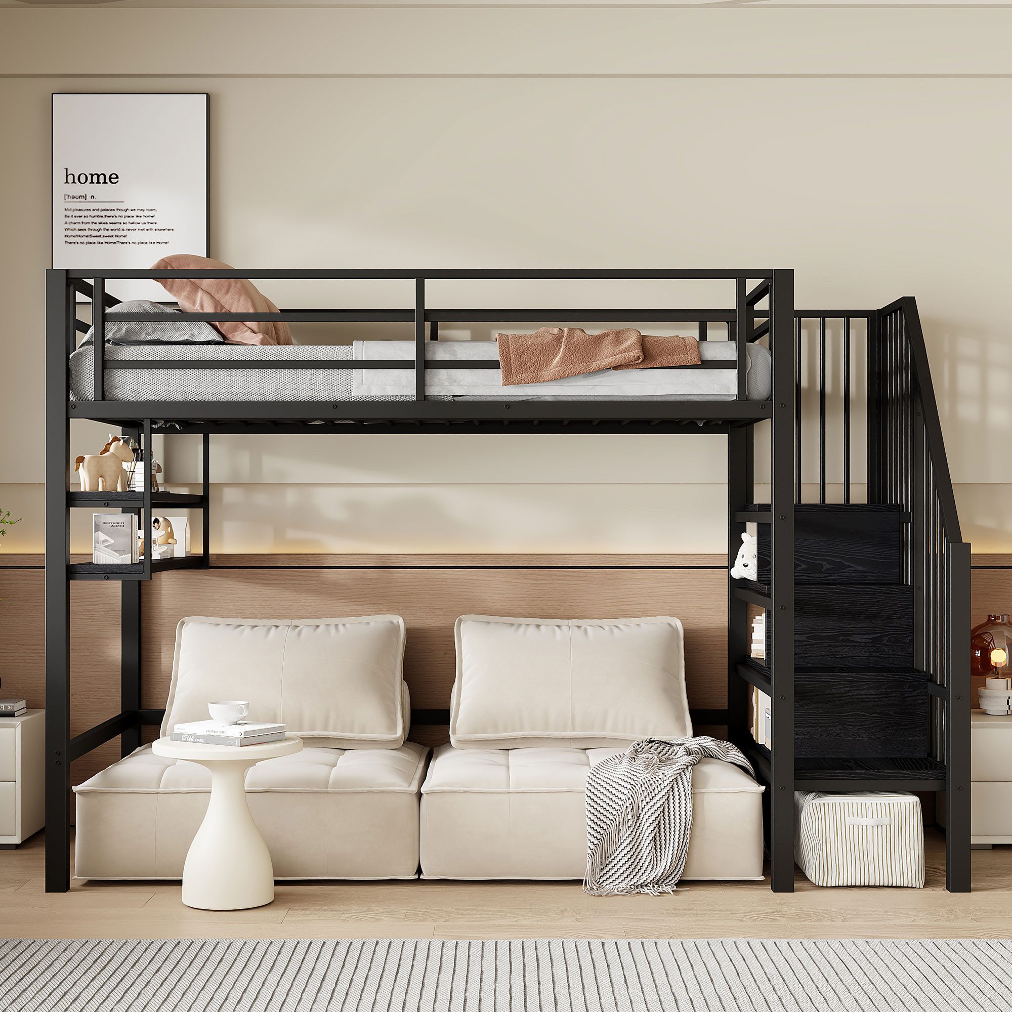 muvano Bett Hochbett 90x200 Schwarz Metall Kinderhochbett mit Stauraumleiter Regal