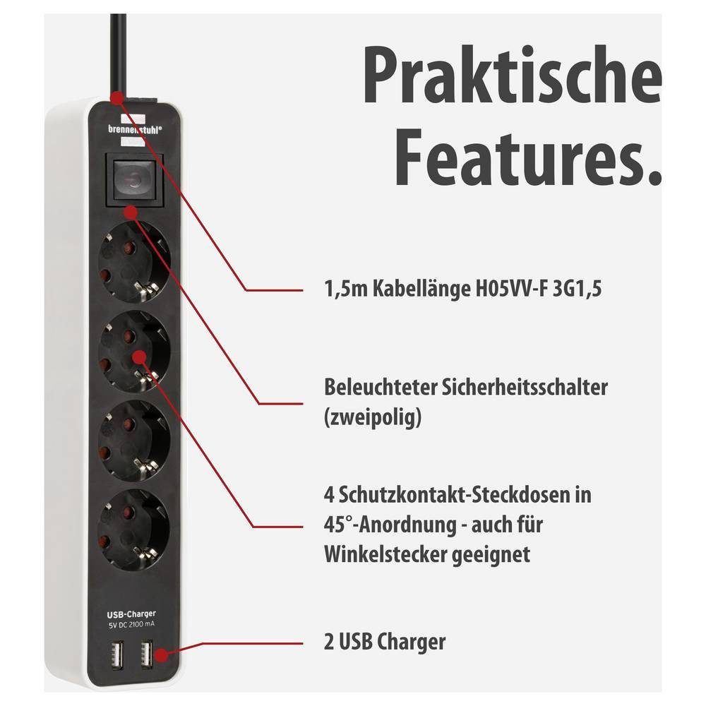 Brennenstuhl Steckdosenleiste Ecolor 4-fach mit USB 1153240026 Steckdosenleiste, mit USB – Bild 3 von 5