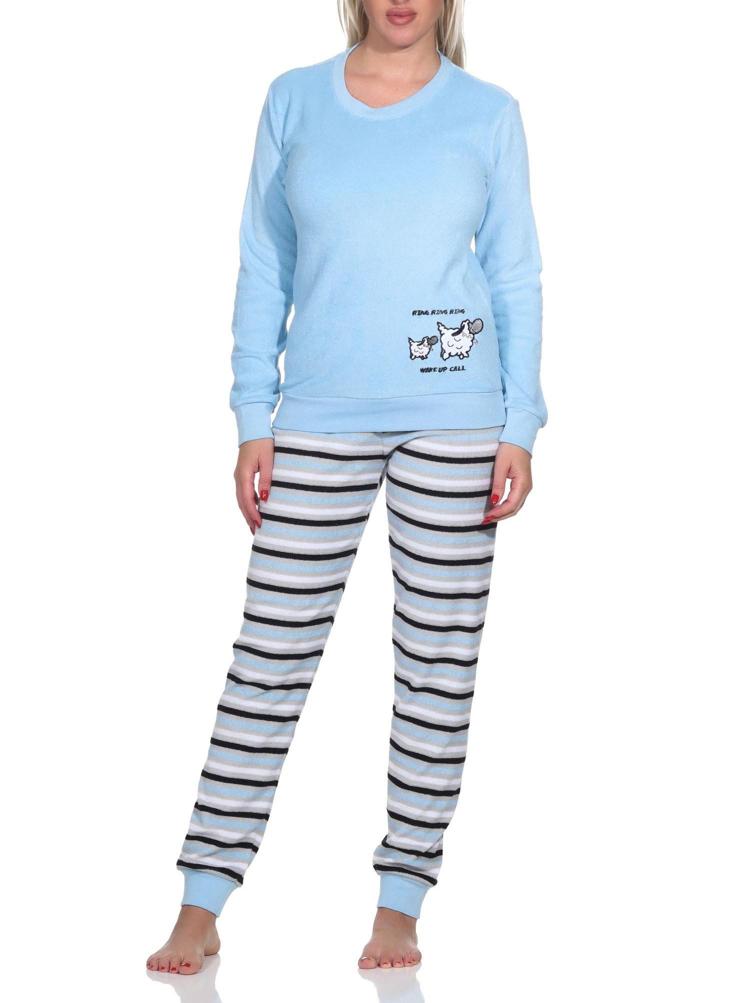 Pyjama Damen Frottee Pyjama, Hose gestreift, Oberteil mit süssen Tiermotiv
