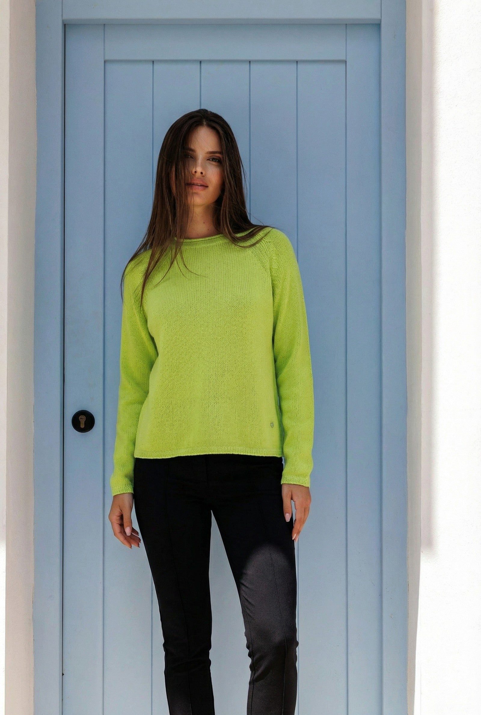 six-o-seven Strickpullover Kaschmir Boxy Raglan Strickpullover Limegreen mit Lurex Frühling