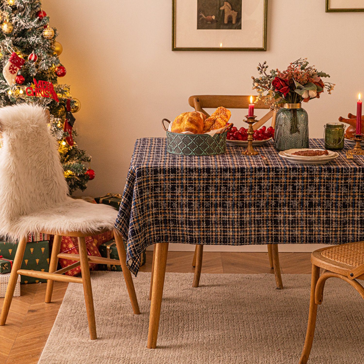 HOMEIDEAS Tischdecke, Tartan Schneeflocke Tischtuch, Weihnachten