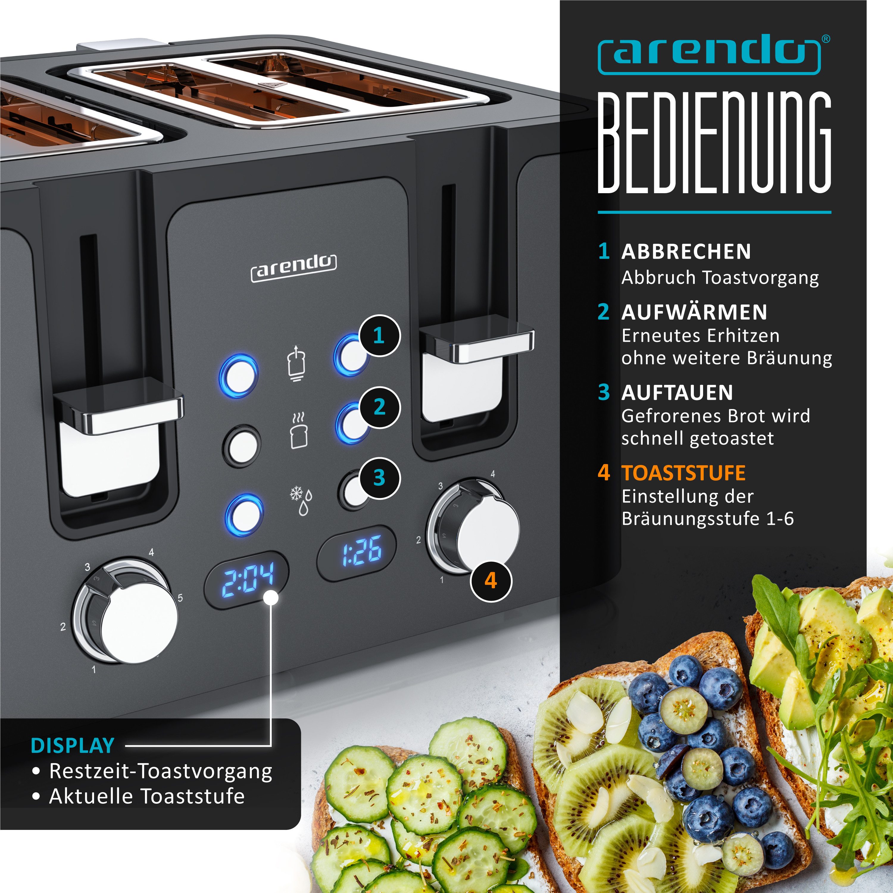 Arendo Toaster 4-Scheiben, Edelstahl, Brötchenaufsatz, Restzeitanzeige, Cool Grey, 4 kurze Schlitze, für 4 Scheiben, 1750 W, Doppelwandgehäuse, Defrost Funktion, Krümelschublade, 6 Bräunungsgrade