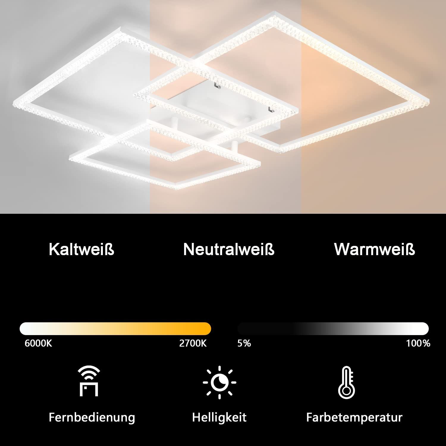 ZMH LED Deckenleuchte Wohnzimmer Dreifaches Quadratisches Design Kristall Innen Lampe 82W, Dimmbar mit Fernbedienung, LED fest integriert, warmweiß-kaltweiß, LED fest integriert