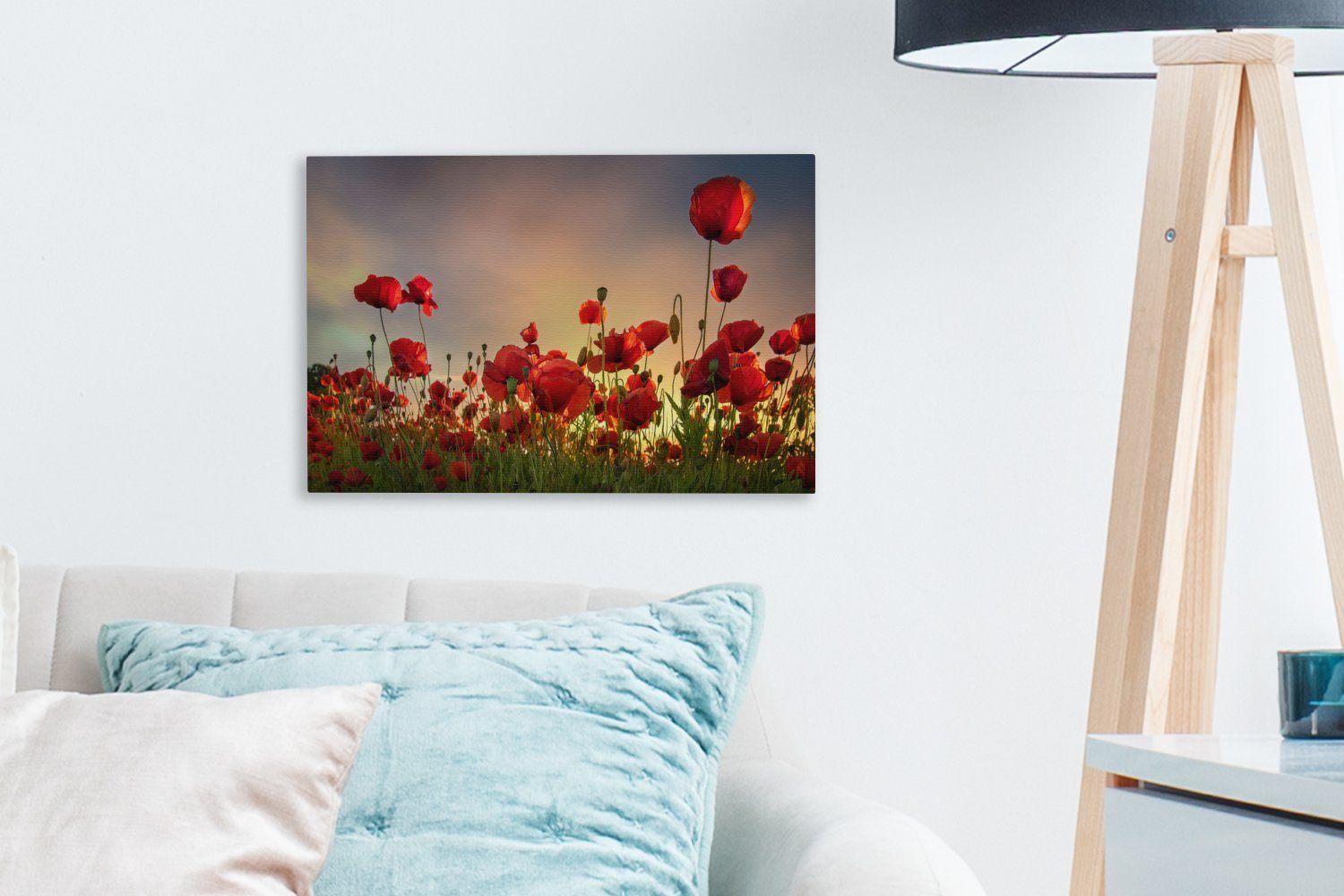 St), Sonnenaufgang, Aufhängefertig, Leinwandbild Blumen OneMillionCanvasses® Leinwandbilder, - Wanddeko, (1 Wandbild - cm 30x20 Mohnblumen