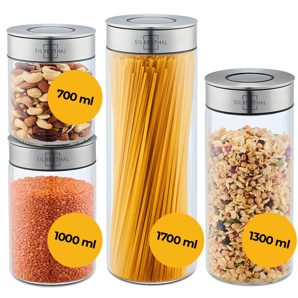 SILBERTHAL Vorratsglas Set, Vorratsdosen mit Deckel, Glas, Edelstahl, (4-tlg), Luftdicht & Mottensicher