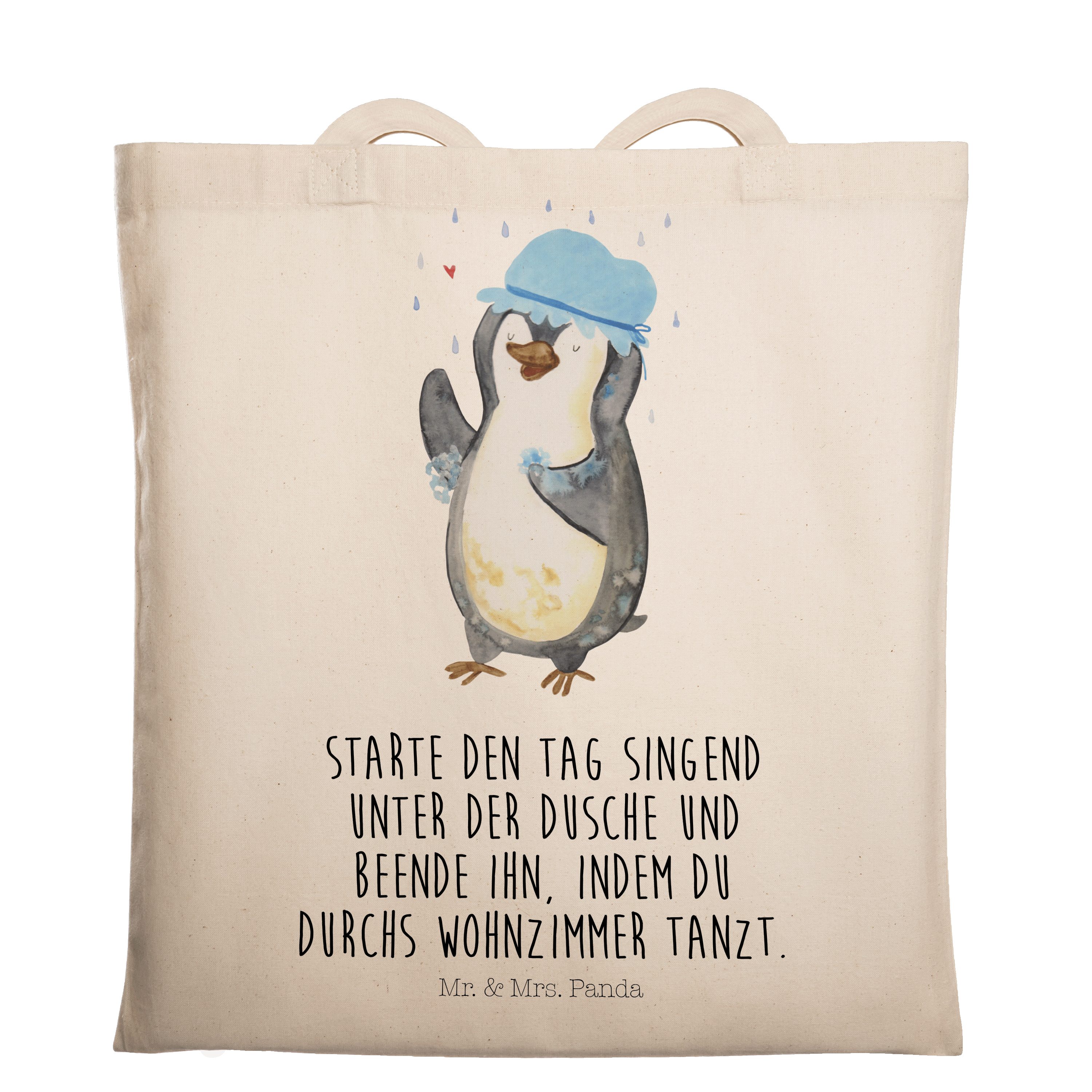 Mr. & Mrs. Panda Tragetasche Pinguin duscht - Transparent - Geschenk, Motivation, Beuteltasche, Ju (1-tlg)