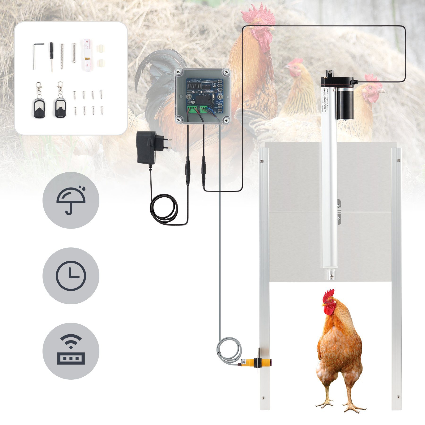 Crenex Haustierklappe mit Timer, Hühnertür+Schieber Hühnerklappe Hühner-Pförtner m. 2 Handsender