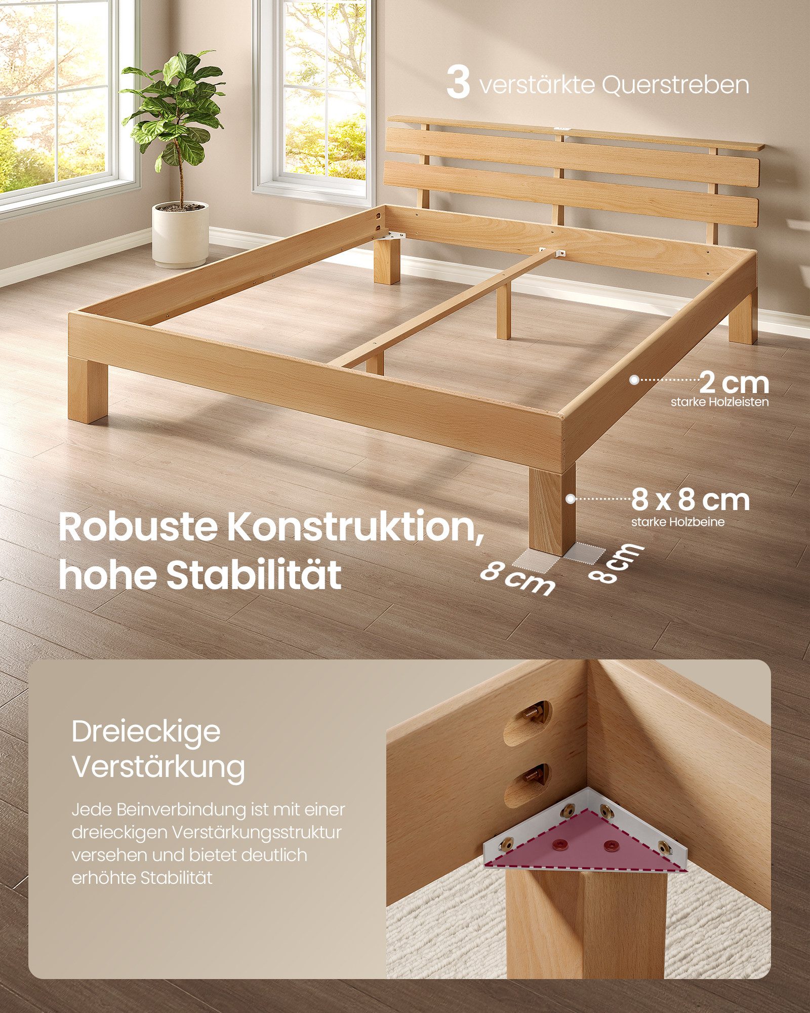 VASAGLE Bettgestell Massivholzbett mit LED&USB, 140/160/180cm, ergonomischer Rückenlehne, Bettgestell 160 x 200 cm, Kopfteilablage, hohe Stabilität, Naturfarben – Bild 4 von 5