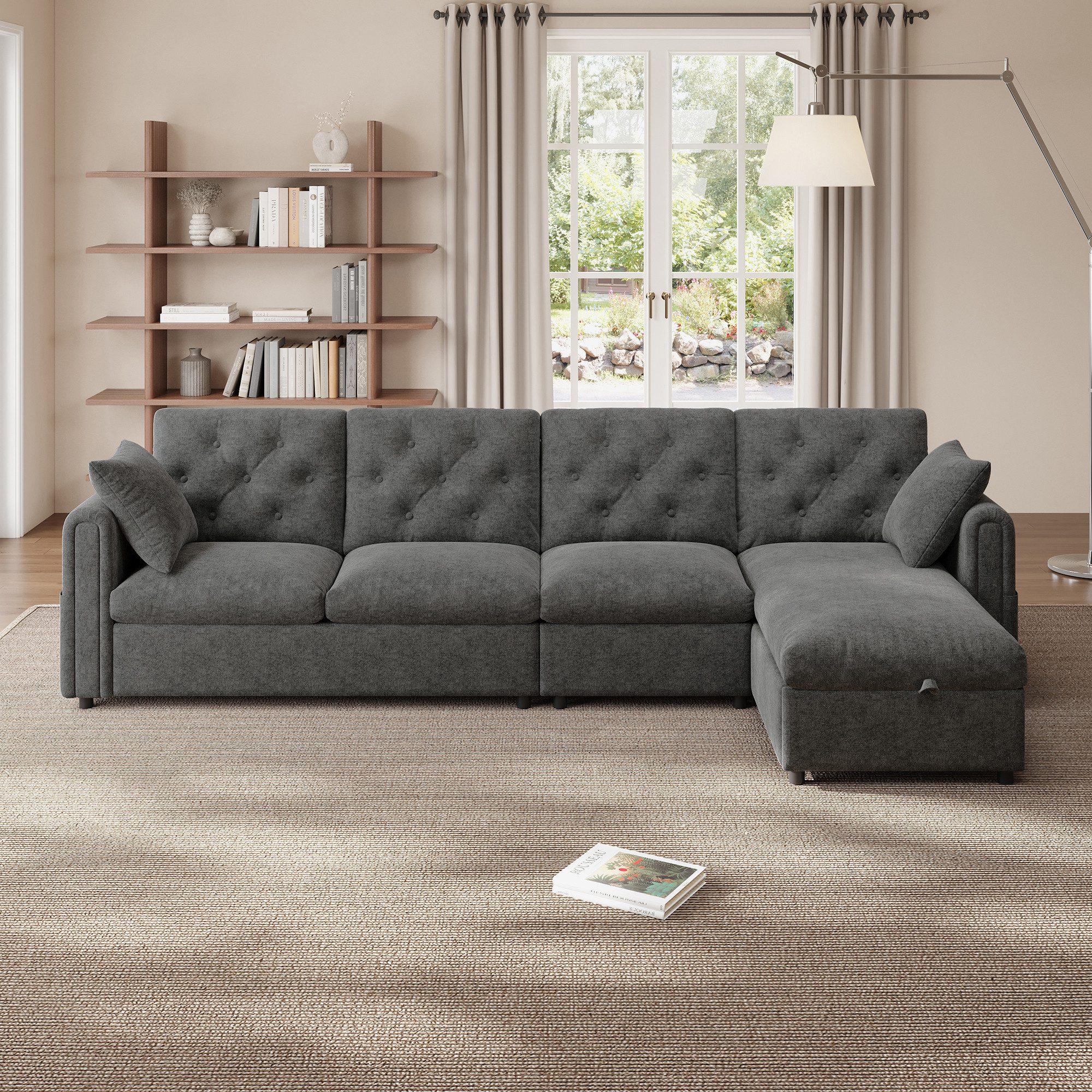 Flieks Ecksofa links und rechts austauschbar, 4-Sitzer, Samtbezug, L-förmiger Sofa mit Schlaffunktion, Bettkasten, Zierkissen und Taschen