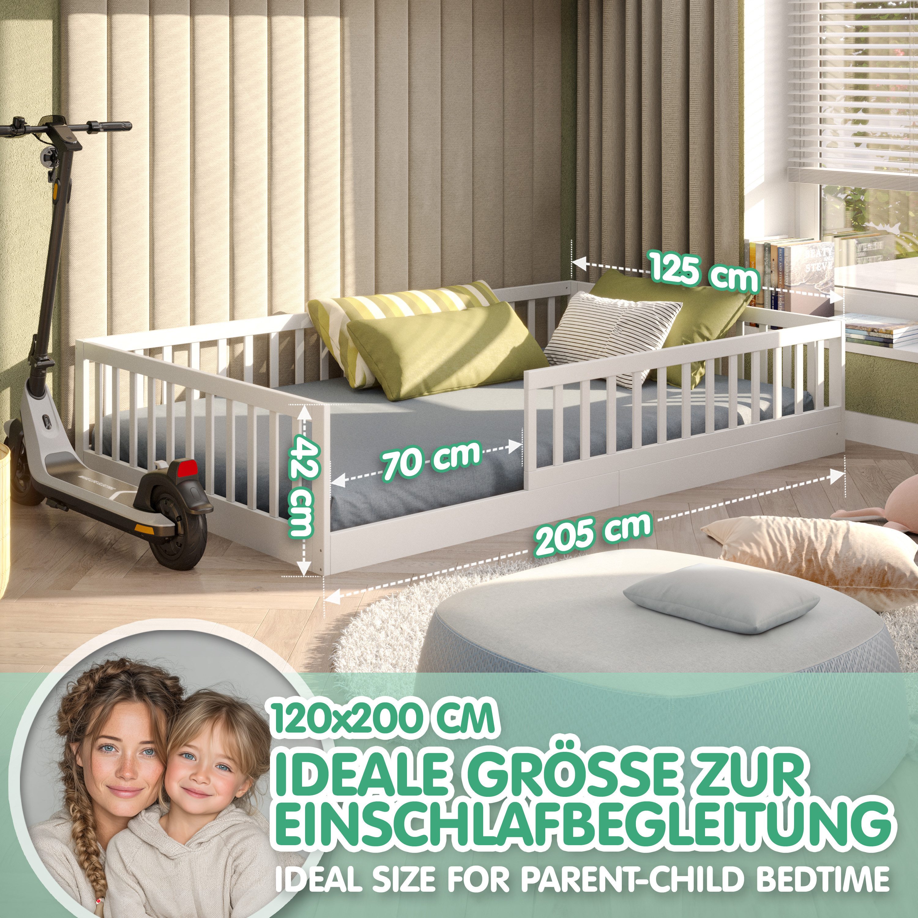 CADANI Kinderbett Timi Bodenbett bis 200 kg belastbar mit abnehmbarem Rausfallschutz (120x200 cm, Montessori Kinder- & Jugendbett aus Kiefer Massivholz), inkl.  – Bild 5 von 5