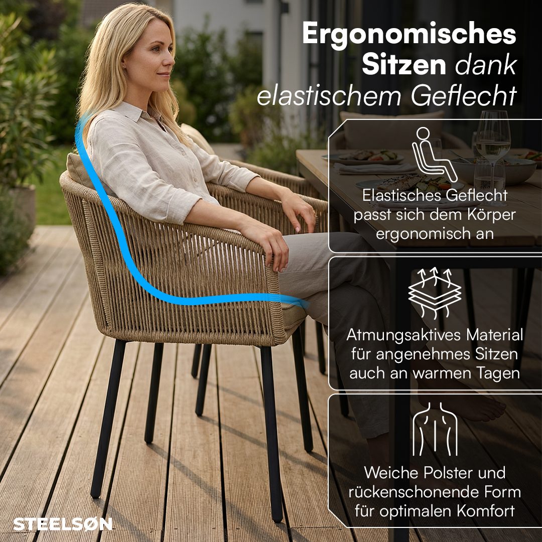 STEELSØN Gartenstuhl Nair mit Sitzauflagen & Kissen (2er Set, hellbraun), Gartensessel aus Polyrattan, elastisches Seilgeflecht, wetterbeständig