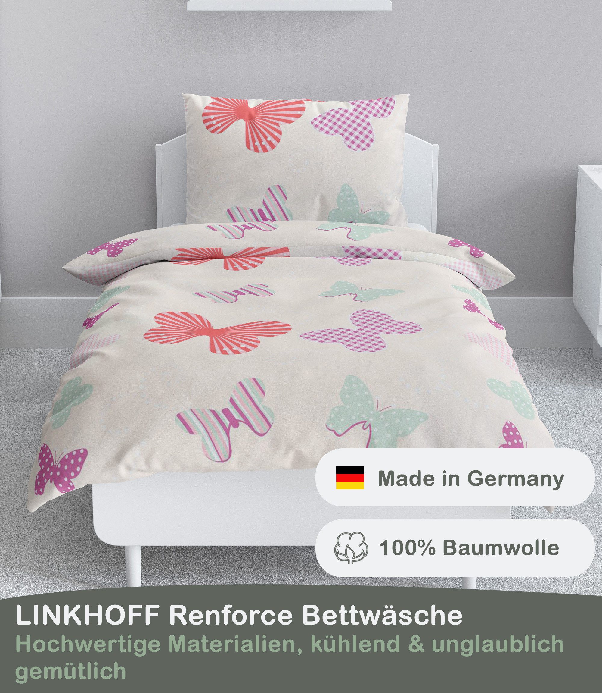 LINKHOFF Kinderbettwäsche Schmetterling Bettwäsche 135x200, 100% Baumwolle Mädchenbettwäsche Schmetterlinge Rosa Butter + Kissen – Bild 4 von 5