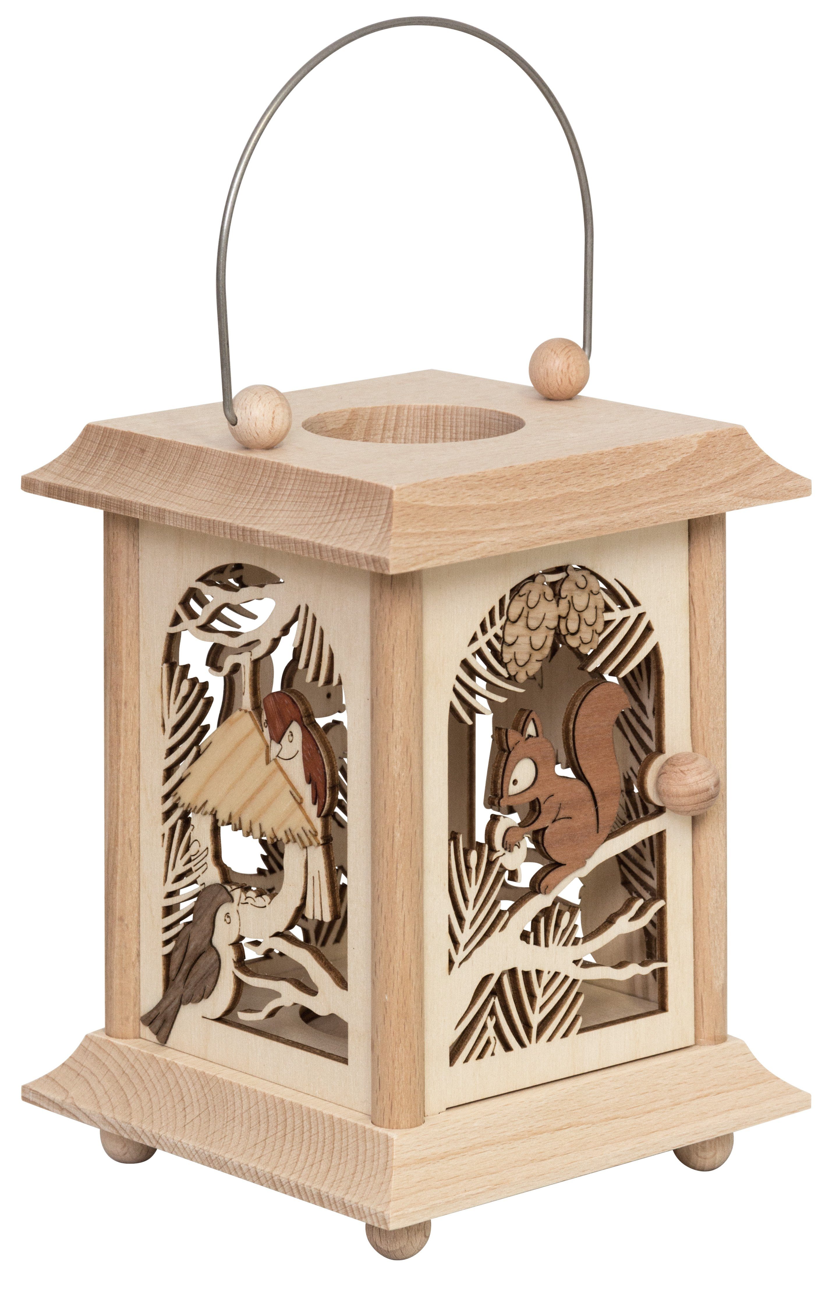 Kuhnert Kerzenlaterne Tischlaterne - Eichhörnchen & Vogel - aus Holz - 11,5 x 11,5 x 17 cm, Teelichter/Votivkerzen - erzgebirgische Holzkunst - Made in Germany