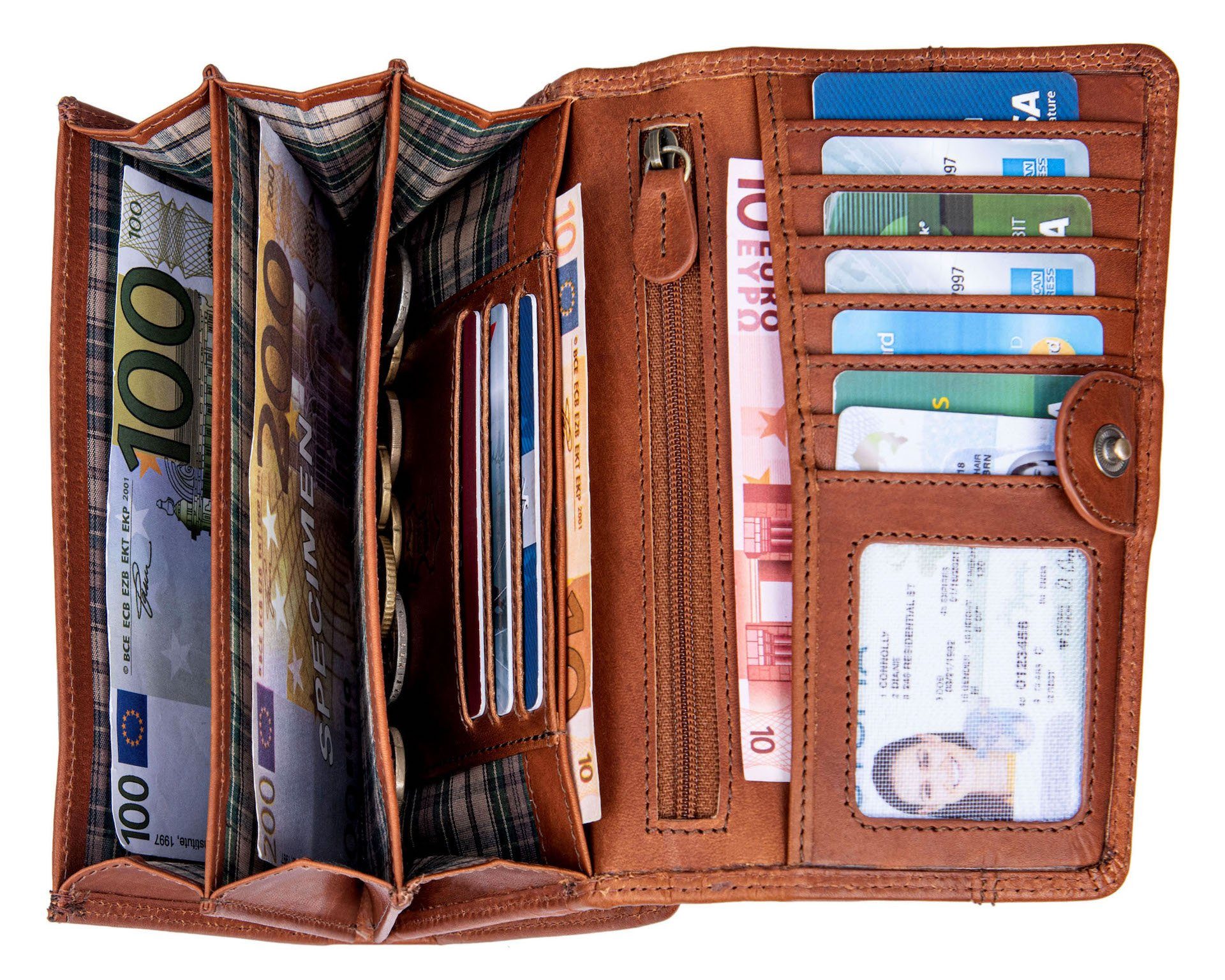 Münzfach RFID-Schutz vielen Braun Portemonnaie Reißverschlussfach Benthill RFID, Leder Kartenfächer Geldbeutel Kartenfächer Damen Echt Groß Geldbörse