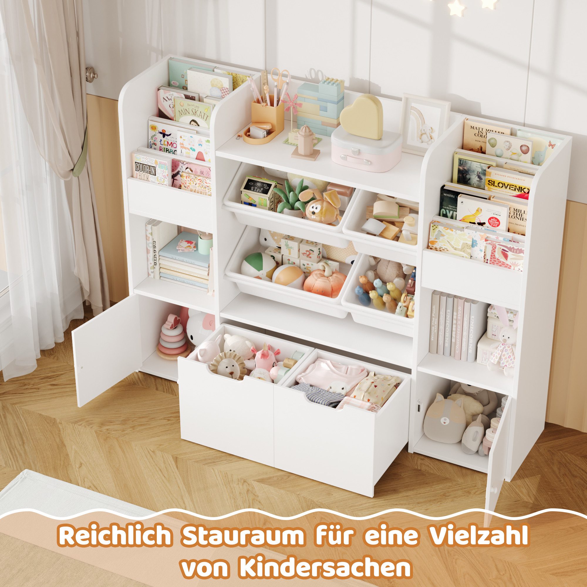 Homfa Spielzeugtruhe Kinderregal mit 2 Schubladen auf Rollen & 4 Boxen Bücherregal, Kinderbücherregal Spiegelregal mit Tür 122x100x30 cm weiß – Bild 5 von 5