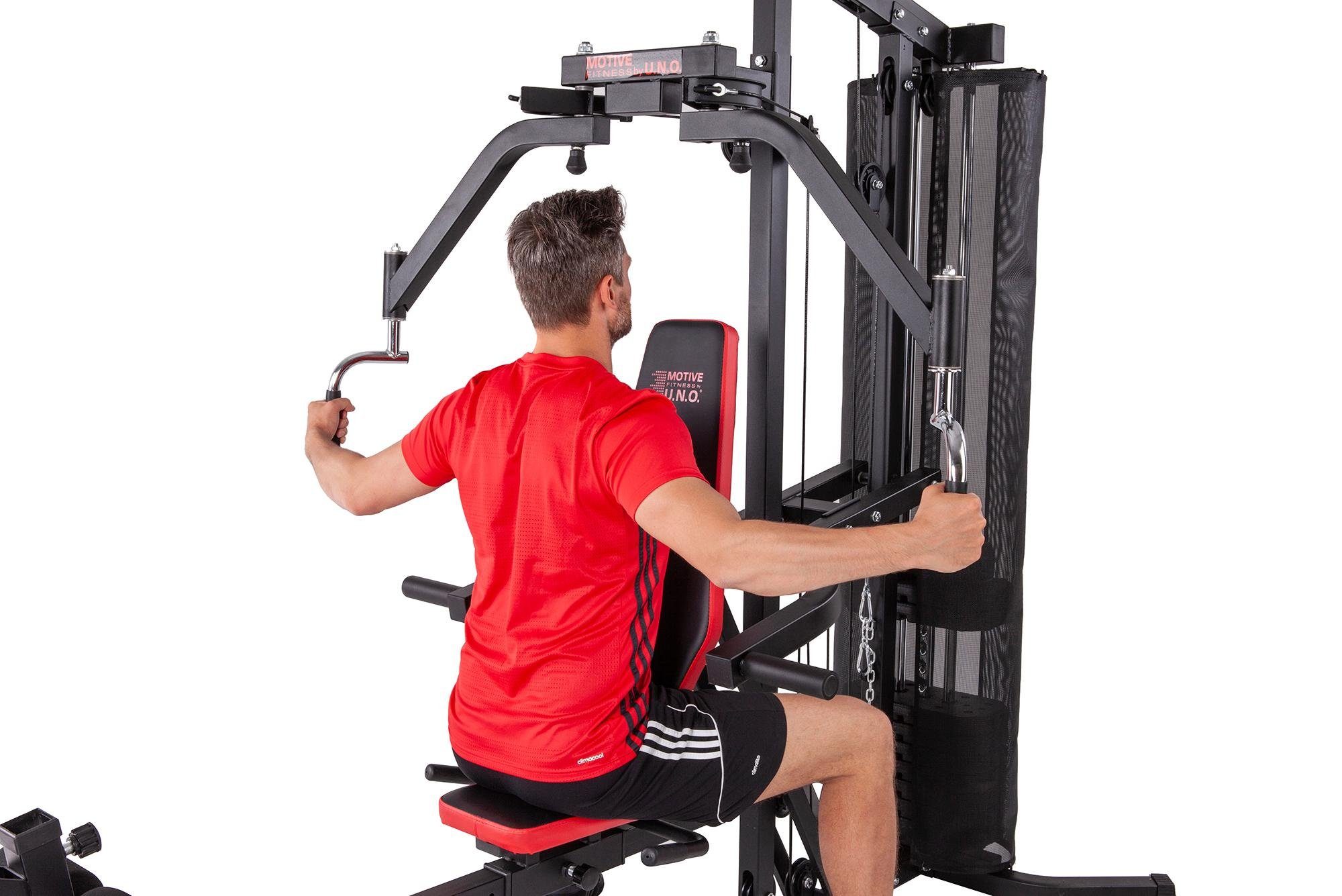 MOTIVE FITNESS by U.N.O. Kraftstation Multi-Gym Competition, 10 Gewichtsblöcke (Seilzug, Butterflystange, Latzug, Ruderfunktion und mehr), max. Benutzergewicht 120 kg, max. Trainingsgewicht 45 kg