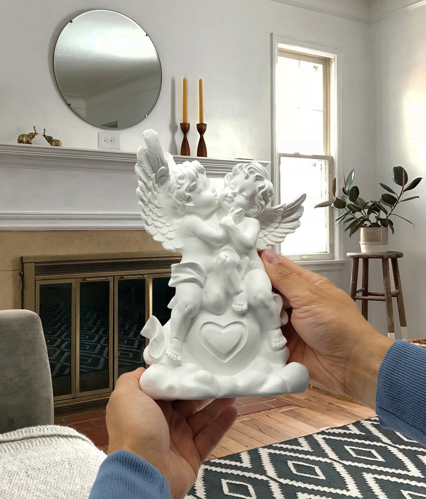 Feinknick Engelfigur Mit Herz, großes Engelpaar 25 cm aus hochwertigem Marmorit in weiß