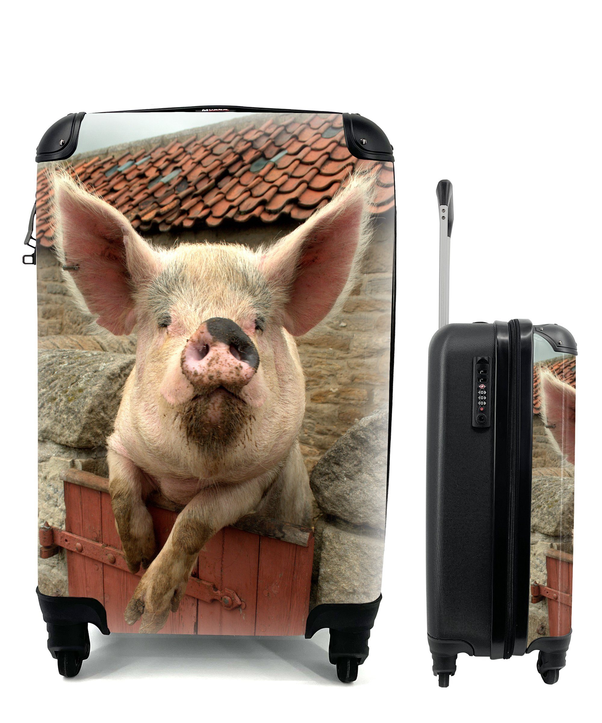 MuchoWow Handgepäckkoffer Schwein - Rosa - Tier, 4 Rollen, Reisetasche mit rollen, Handgepäck für Ferien, Trolley, Reisekoffer
