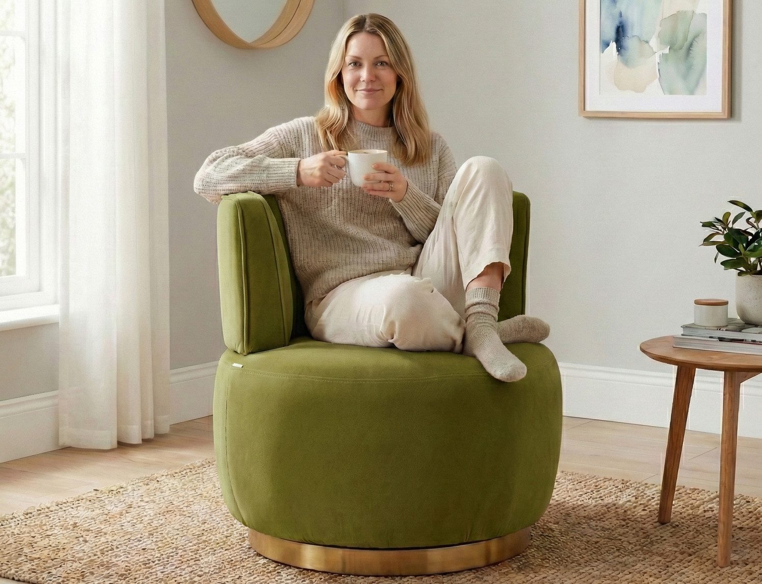 LVHOM Drehsessel 360° Moderner großer Drehstuhl, Akzentstühle – Samt/Teddy-Stoff (Ergonomische Rückenlehne und Bequemer Sitz, runde Sessel mit breiter Polsterung, flauschiger Stoffstuhl), für Wohnzimmer, Schlafzimmer, Wartezimmer, Büro