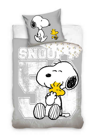 Bettwäsche Set Snoopy 100% Baumwolle Grau/Weiß, Snoopy, Baumwolle